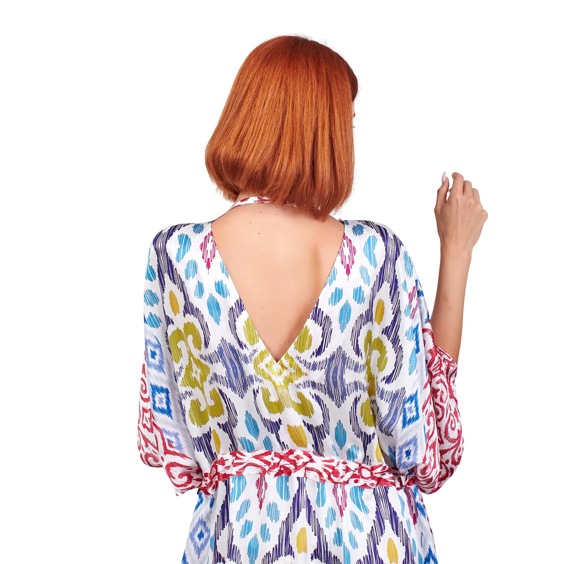 İpek Pembe Yeşil Kimono Elbise Etnik İkat Desen | Nomads Felt
