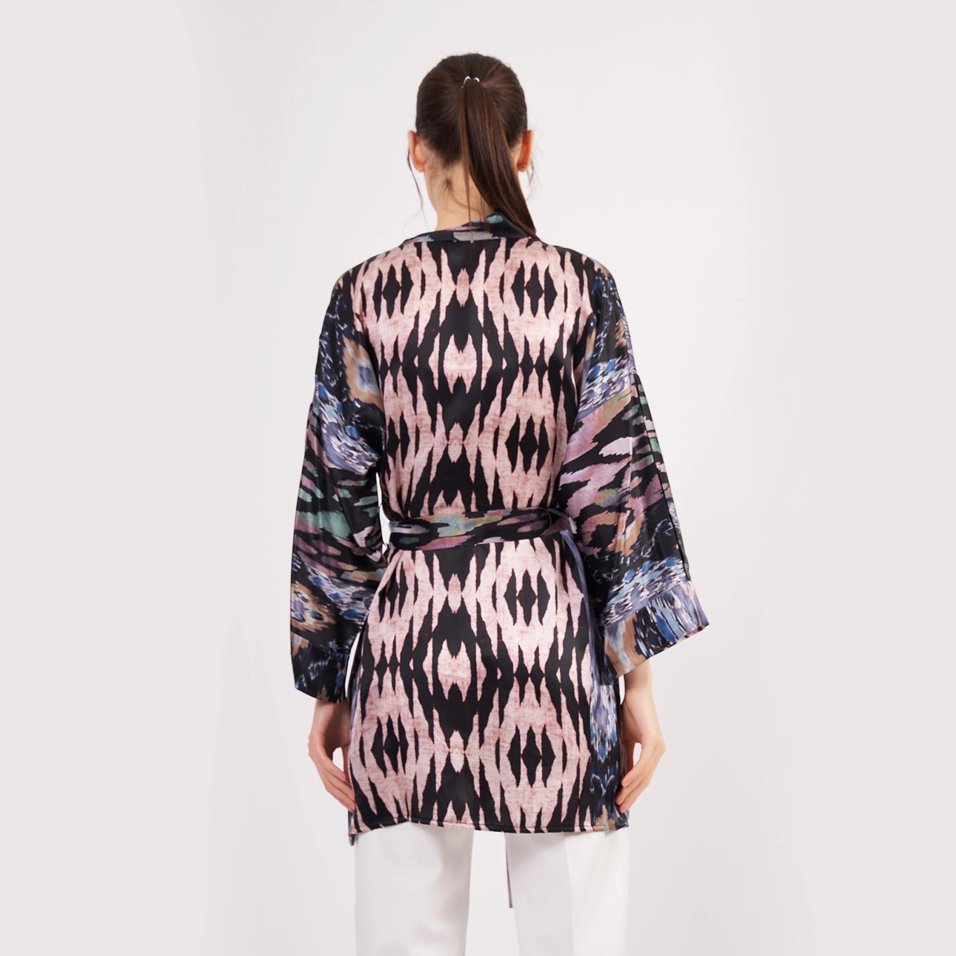 Saf İpek Kısa Kimono Kaftan | Ikat Desen 7 | Nomads Felt