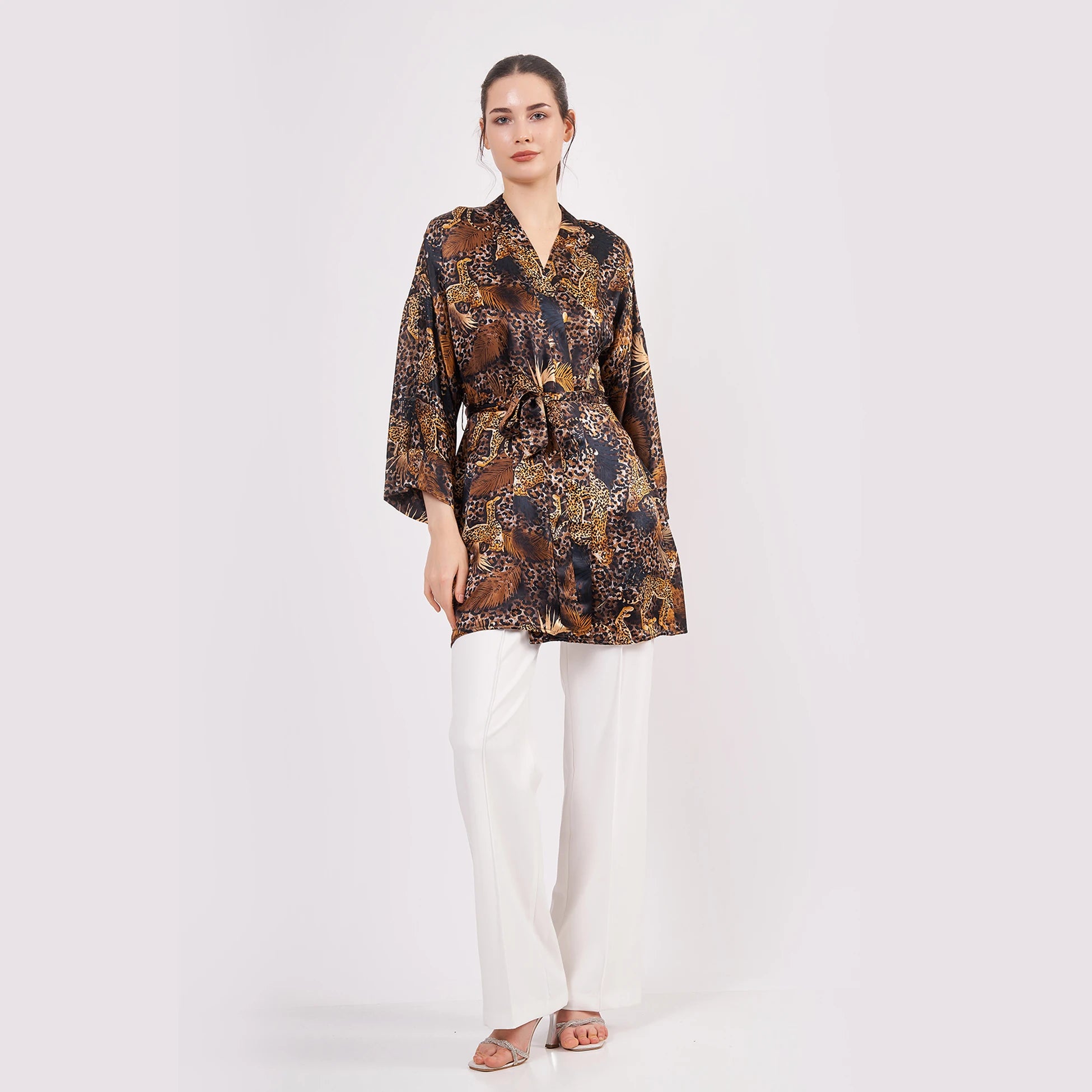 Saf İpek Kısa Kimono Kaftan | Leopar Desen | Nomads Felt
