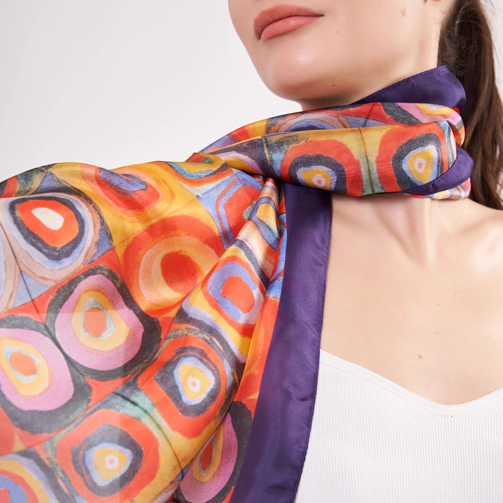 Vual İpek Fular | 55x180 cm | Mor Kandinsky Squares with Concentric Circles | Nomads Felt