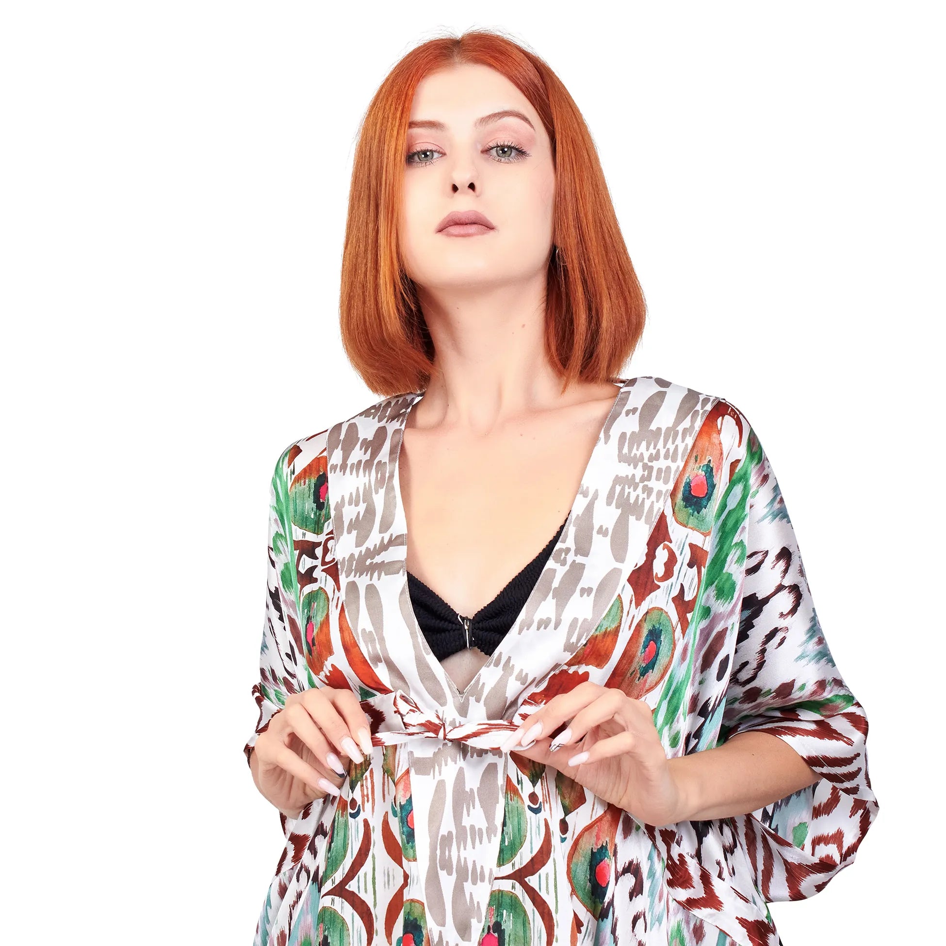 İpek Yeşil Kimono Elbise Etnik İkat Desen | Nomads Felt