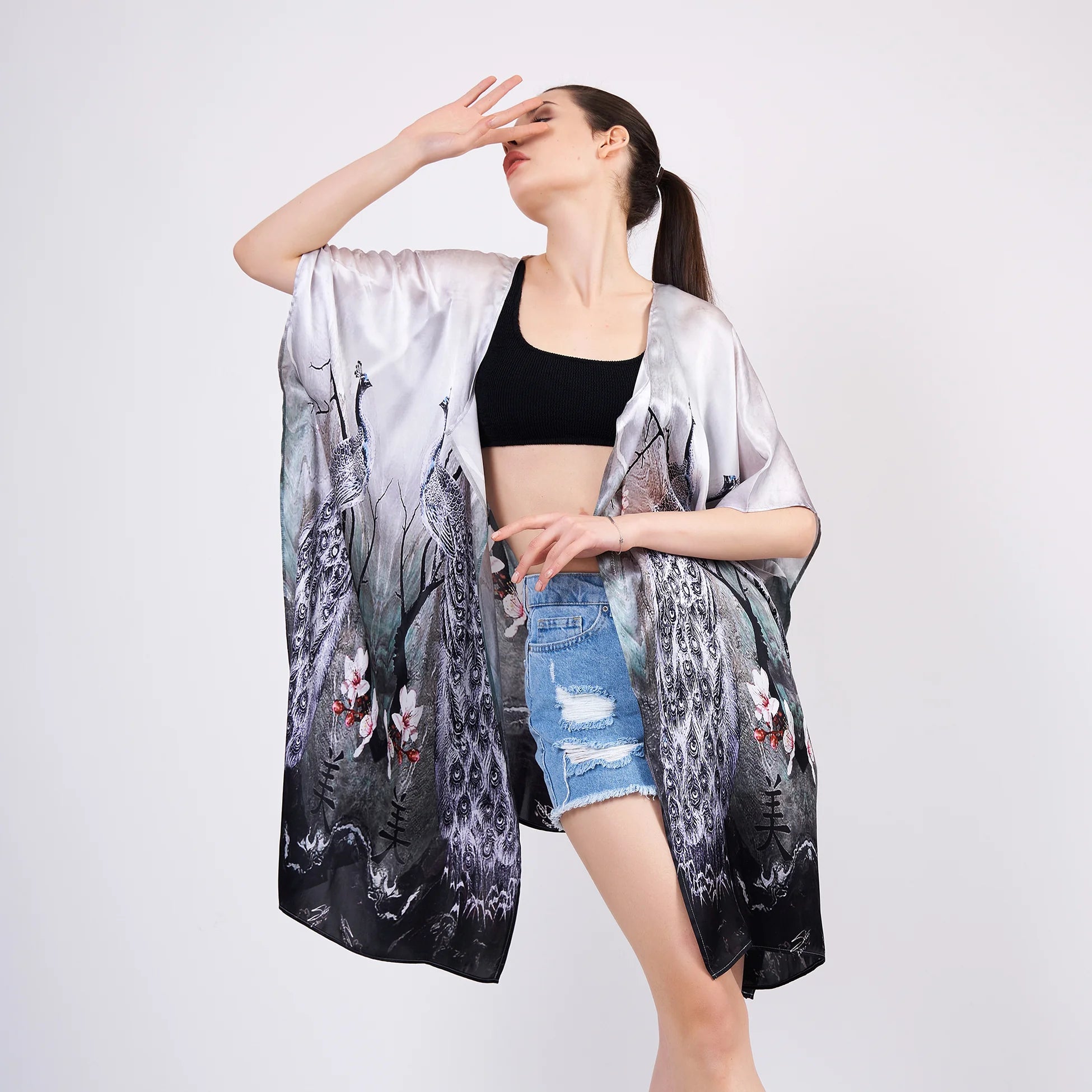 %100 İpek Kısa Kimono Pareo | Tavus Kuşu Desen | Nomads Felt