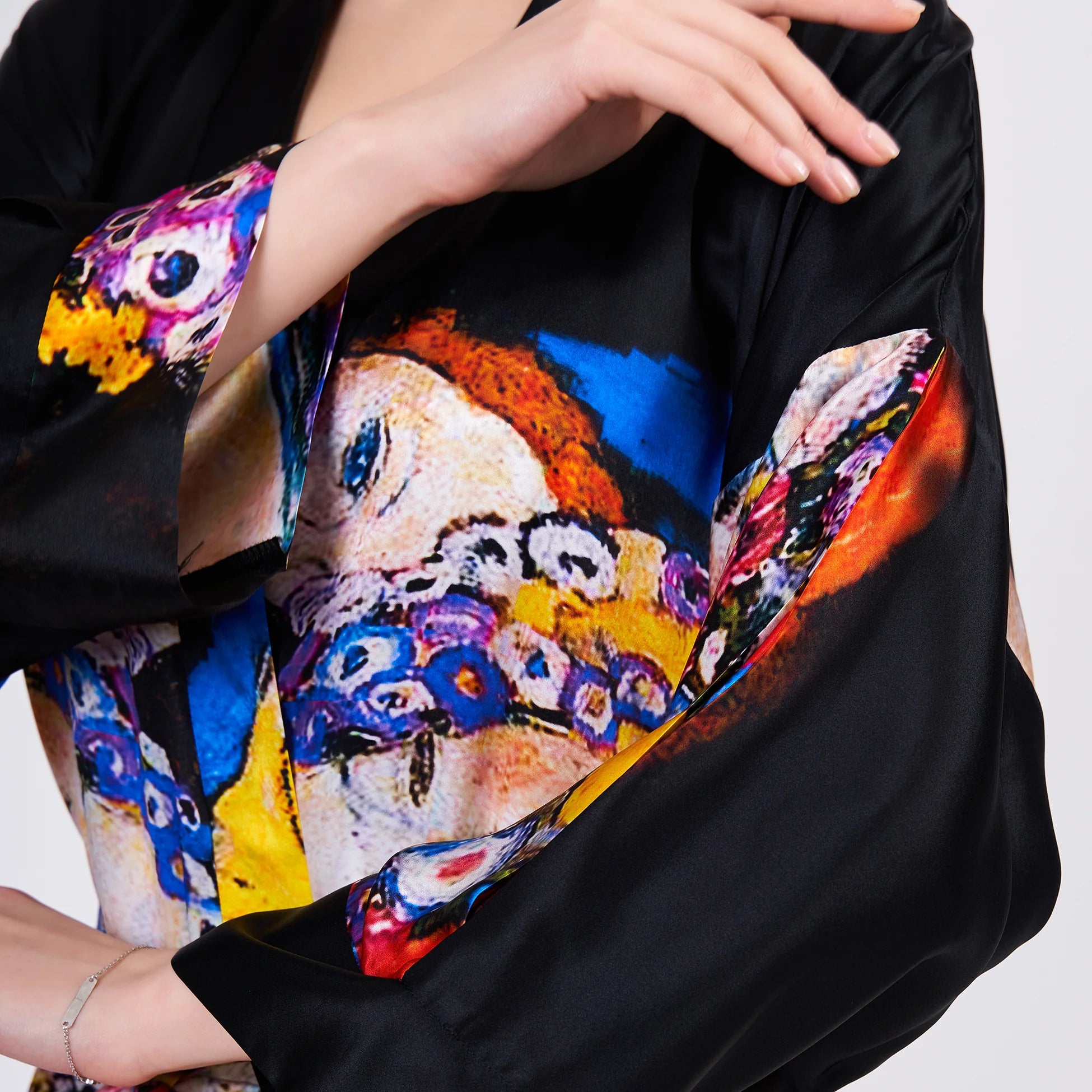 %100 İpek Uzun Kimono Kaftan | Gustav Klimt The Virgins | Nomads Felt
