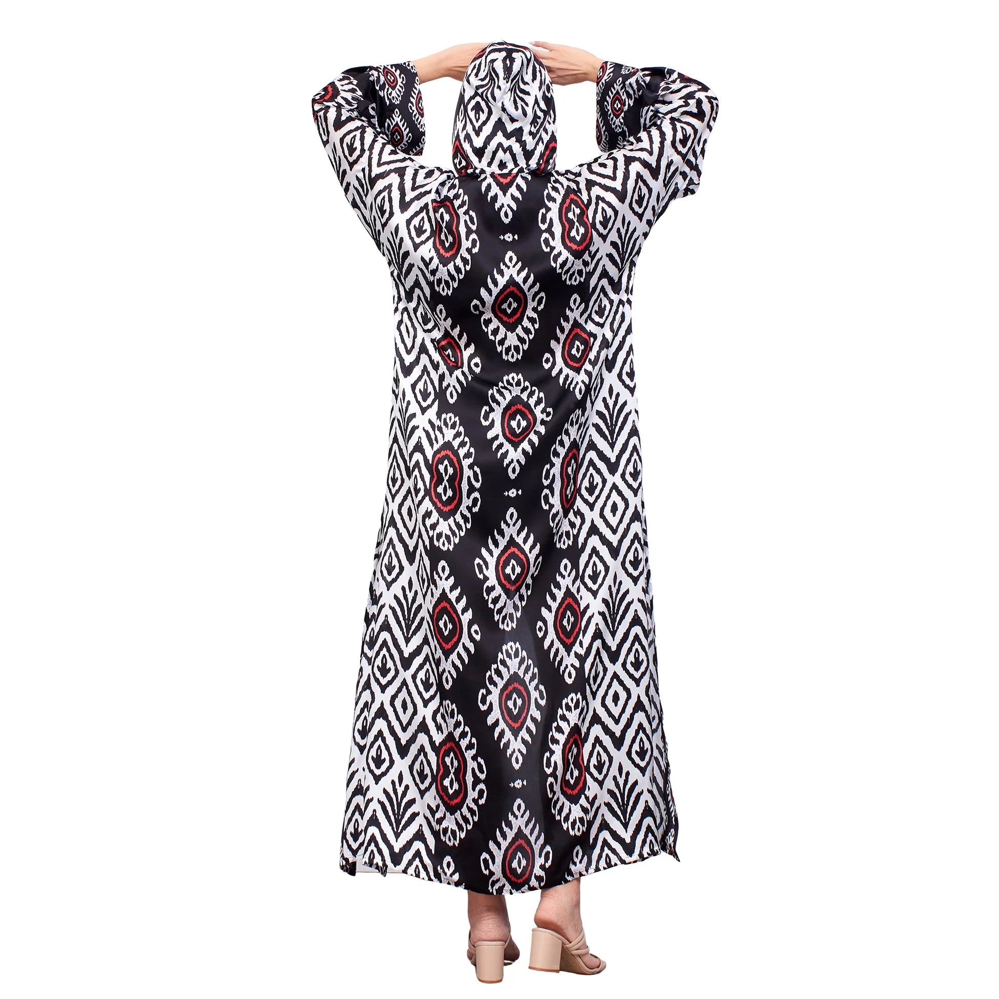 %100 İpek Kapüşonlu Kimono | Siyah İkat Desen 4 | Nomads Felt