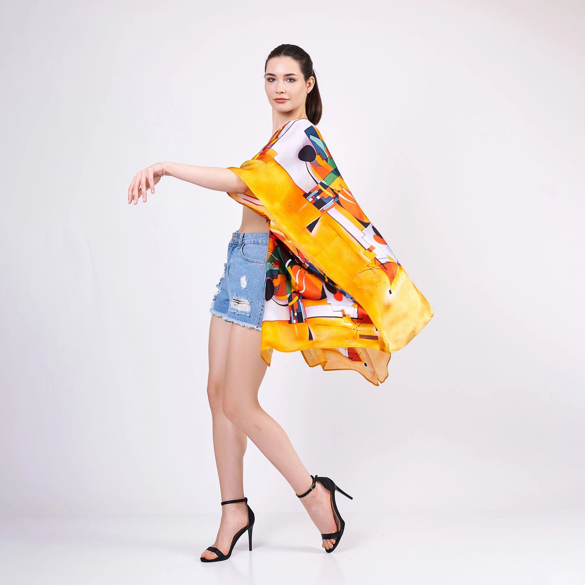 %100 İpek Kısa Kimono Pareo | Kandinsky Composition II | Nomads Felt