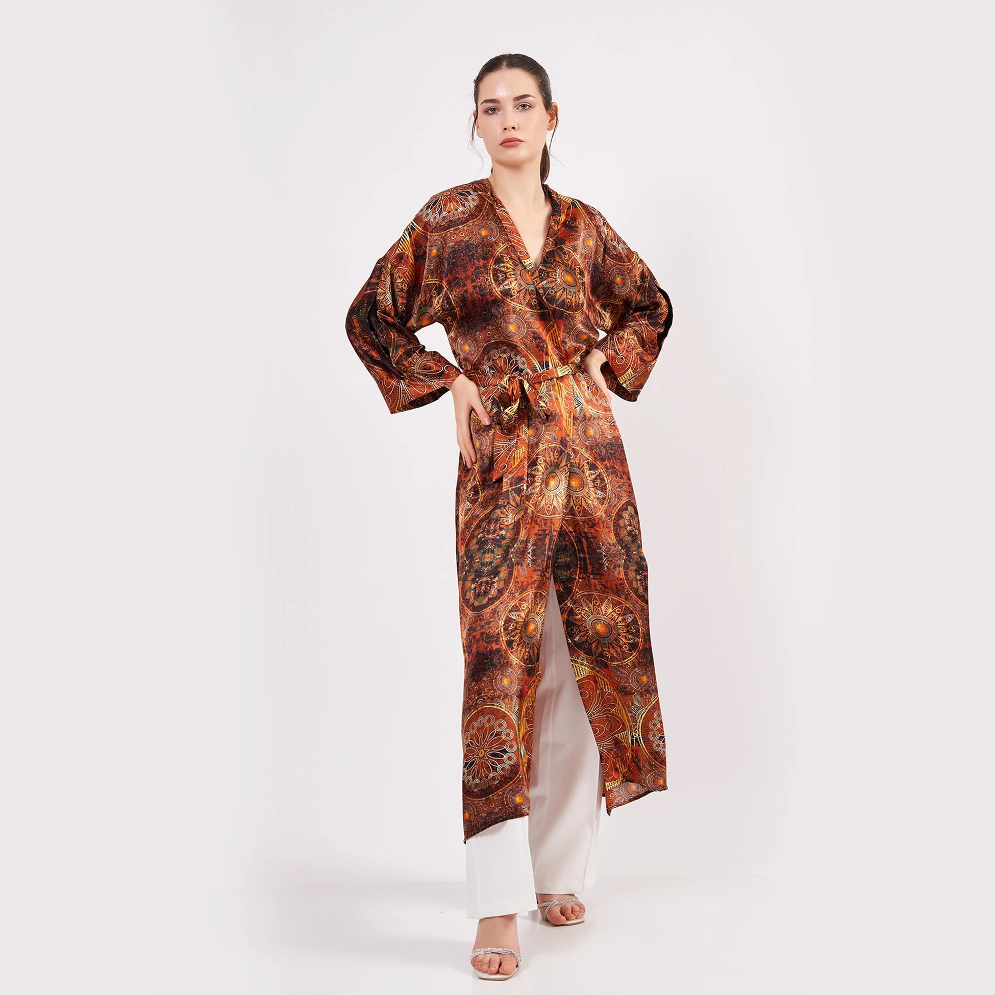 İpek Kapüşonlu Kimono Kaftan | Mandala Desen Kahverengi | Nomads Felt