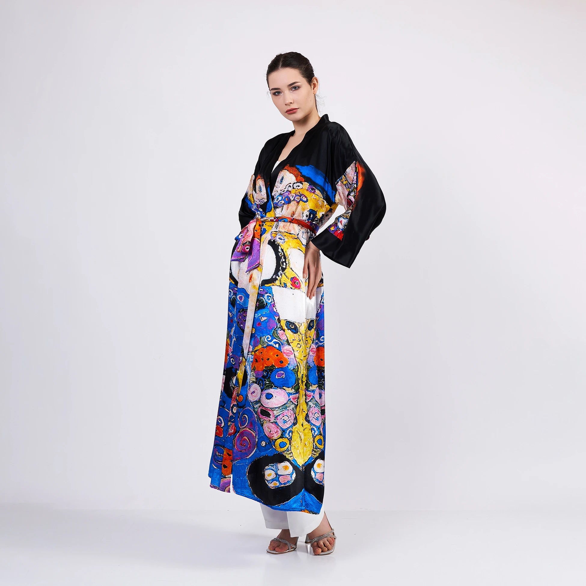 %100 İpek Uzun Kimono Kaftan | Gustav Klimt The Virgins | Nomads Felt