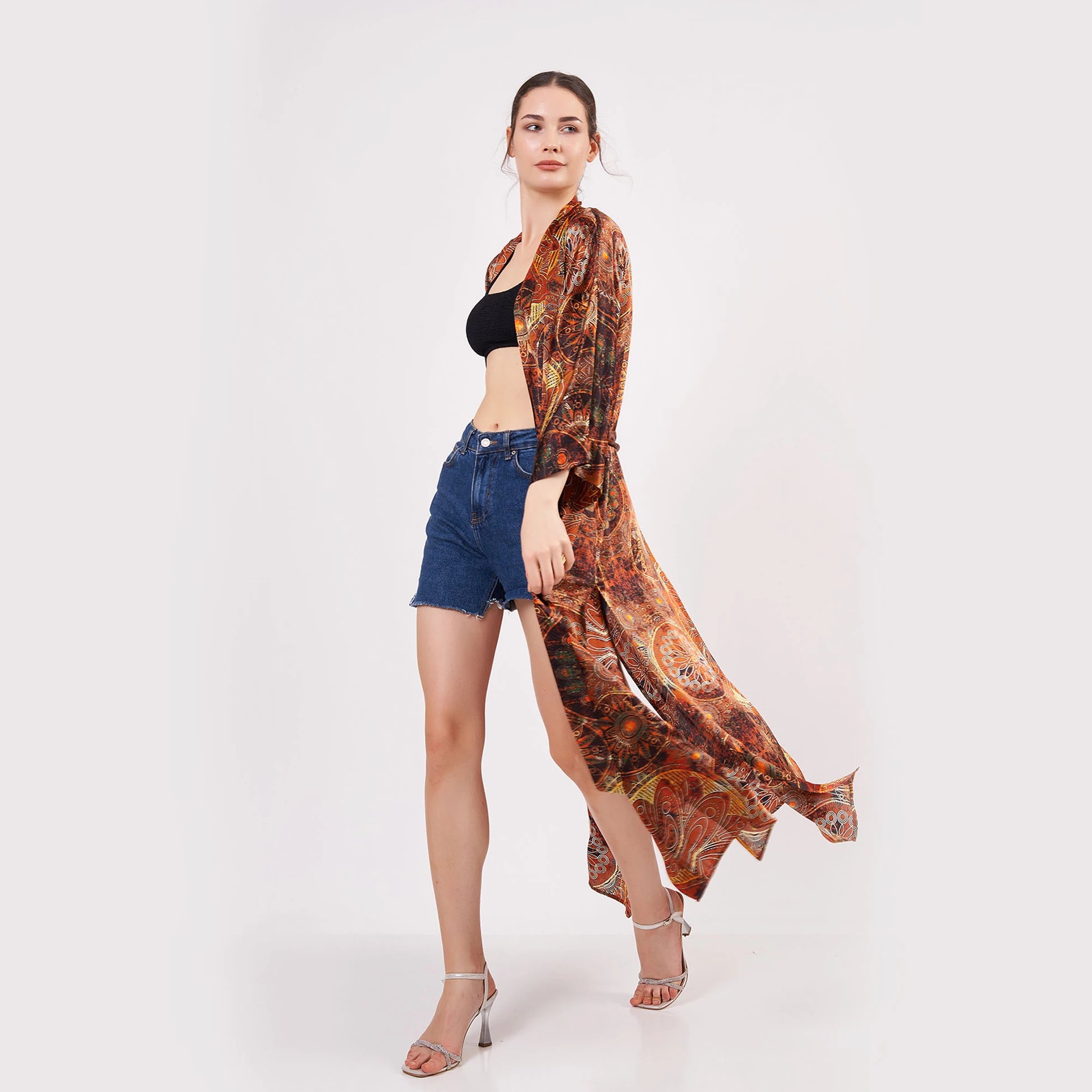 Saf İpek Uzun Kimono Kaftan | Kahverengi Mandala Desen | Nomads Felt