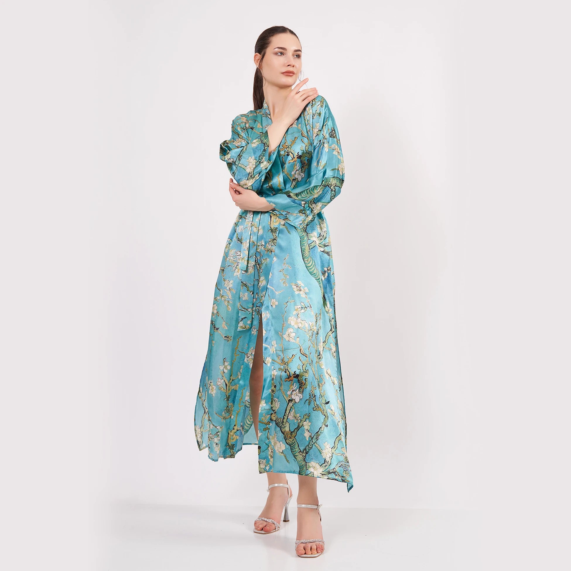 %100 İpek Uzun Kimono Kaftan | Turkuaz | Van Gogh Badem Ağacı | Nomads Felt