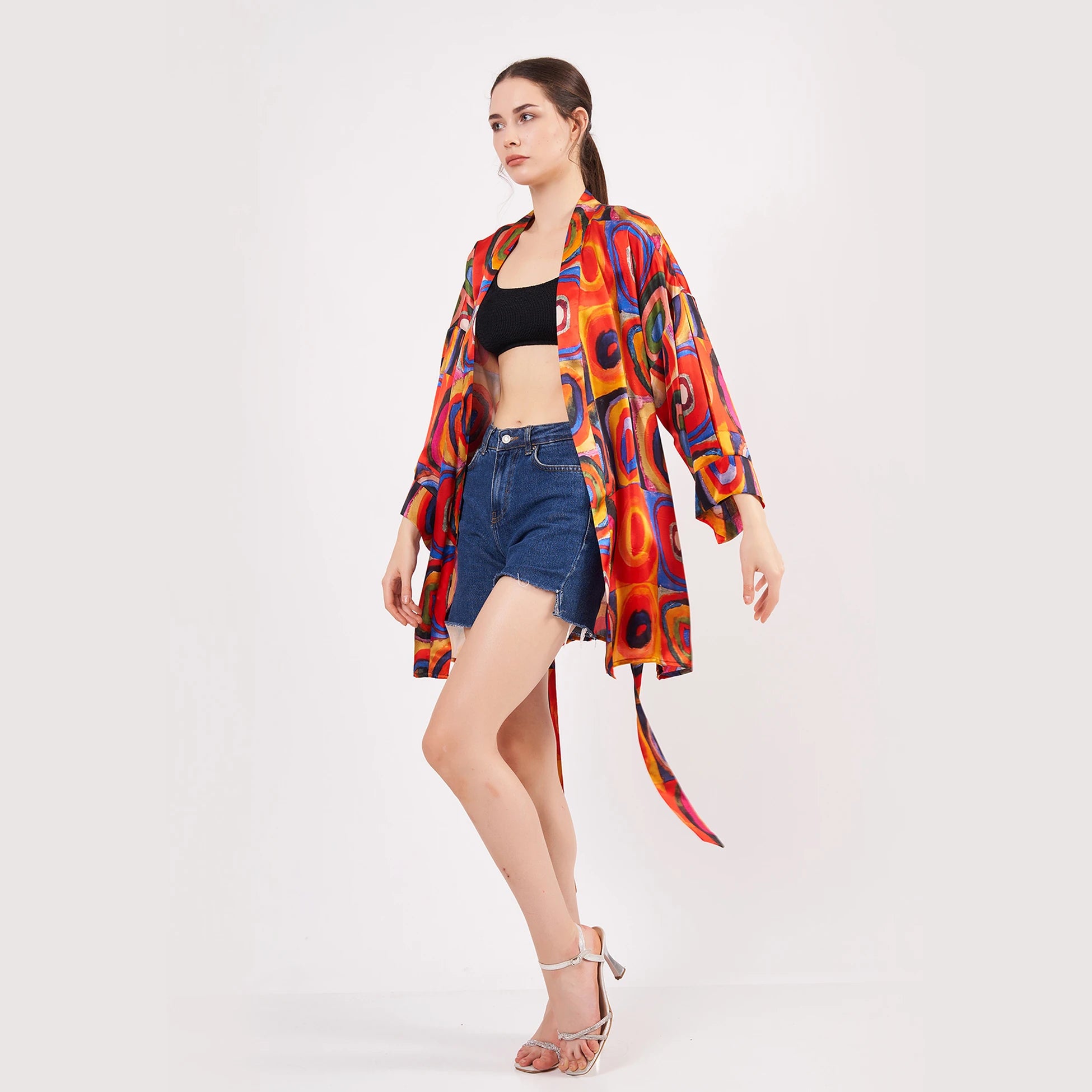 Saf İpek Kısa Kimono Kaftan | Kandinsky Squares with Circles | Nomads Felt