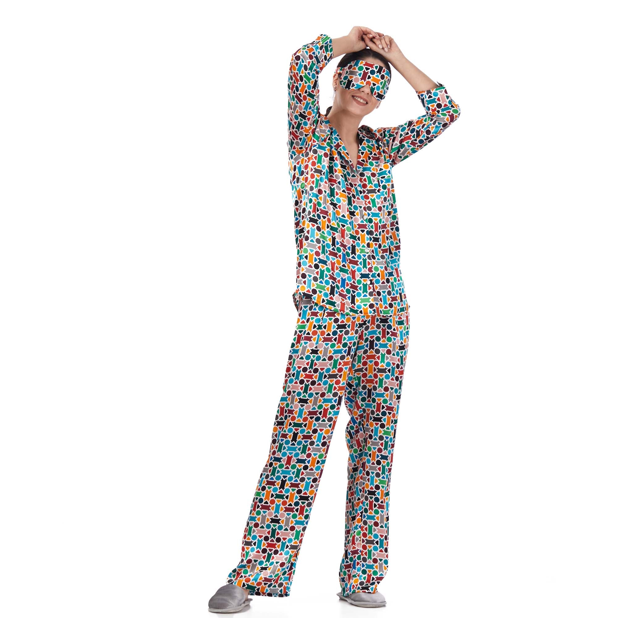 %100 İpek Gömlek-Pantolon / Pijama Takımı | Çok Renkli Geometrik Desen | Nomads Felt