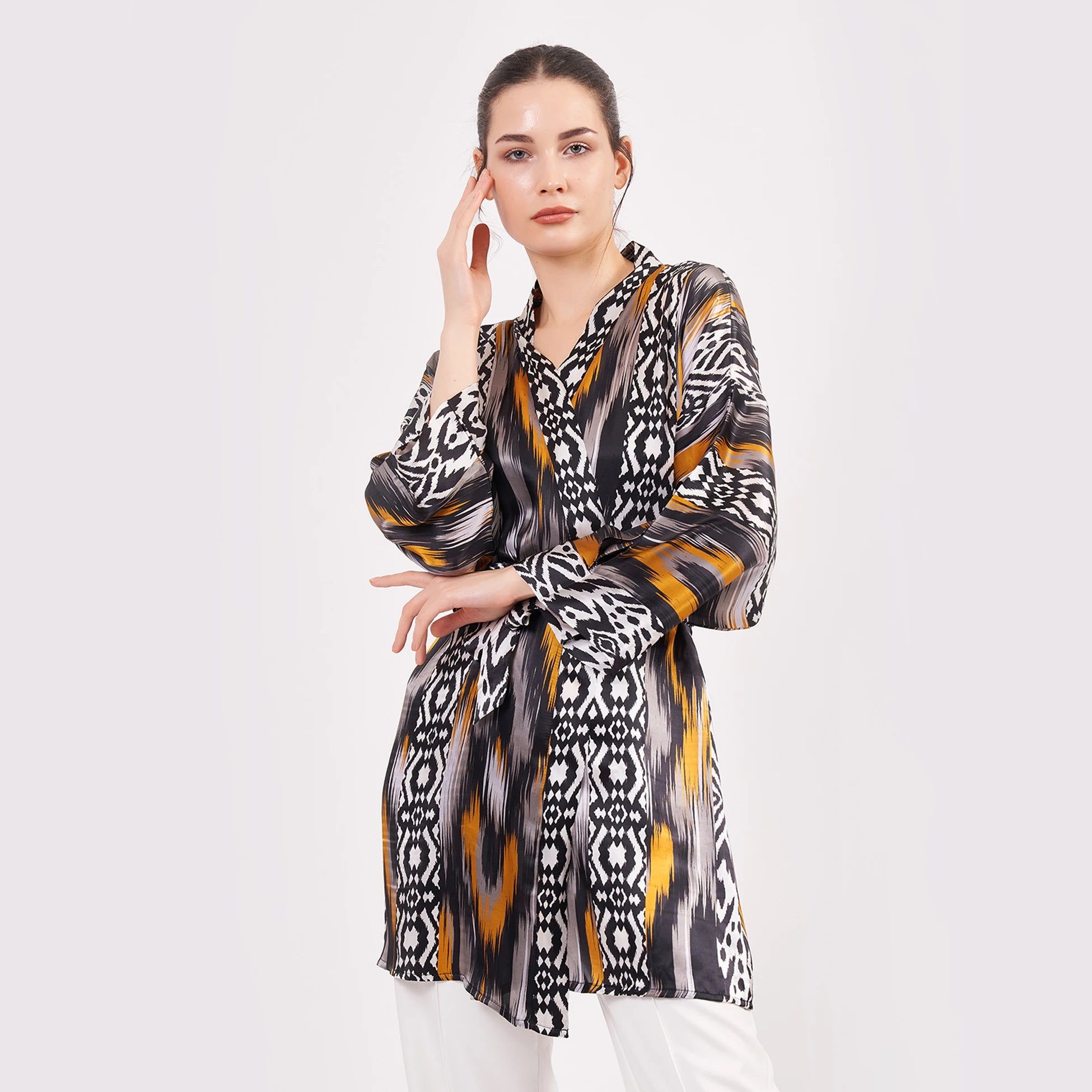 Saf İpek Kısa Kimono Kaftan | Ikat Desen 8 | Nomads Felt