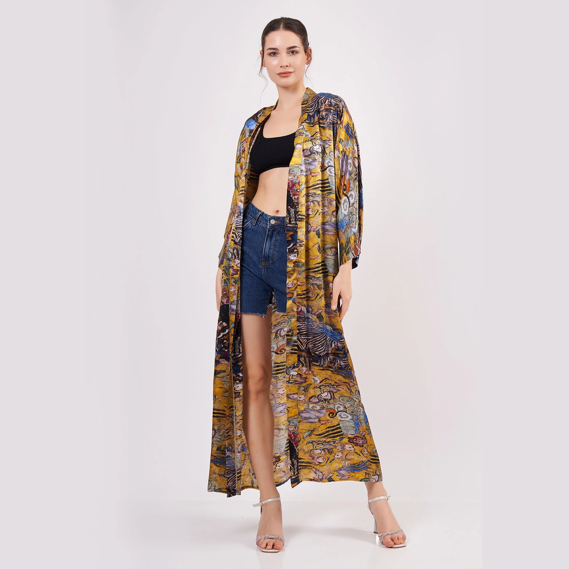 %100 İpek Uzun Kimono Kaftan | Gold Desenli | Nomads Felt