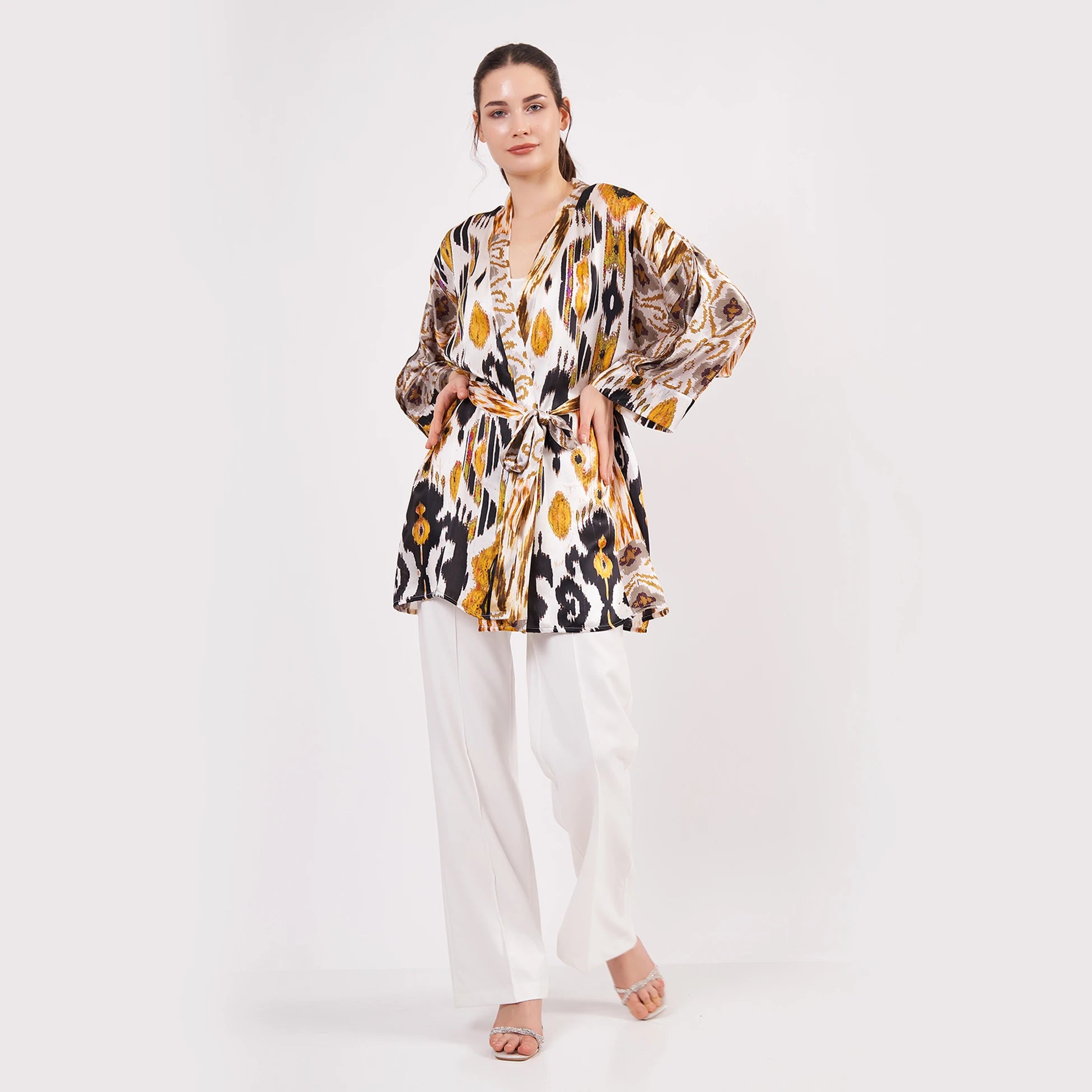 Saf İpek Kısa Kimono Kaftan | Ikat Desen 6 | Nomads Felt