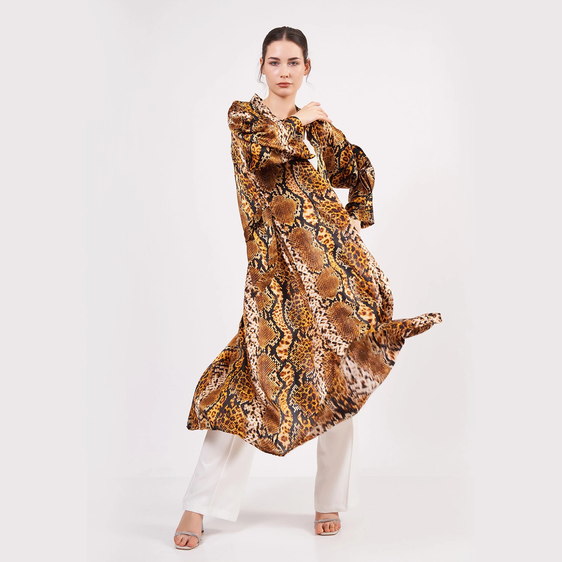 %100 İpek Uzun Kimono | Gold-Kahve | Yılan Derisi Desen | Nomads Felt