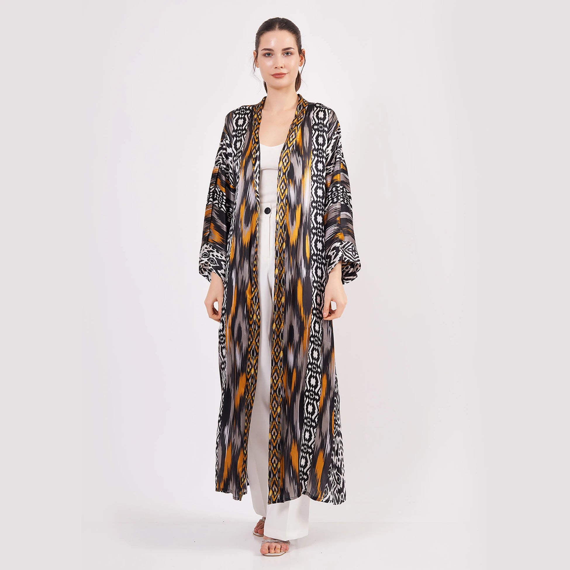 Saf İpek Uzun Kimono Kaftan | Ikat Desen 14 | Nomads Felt