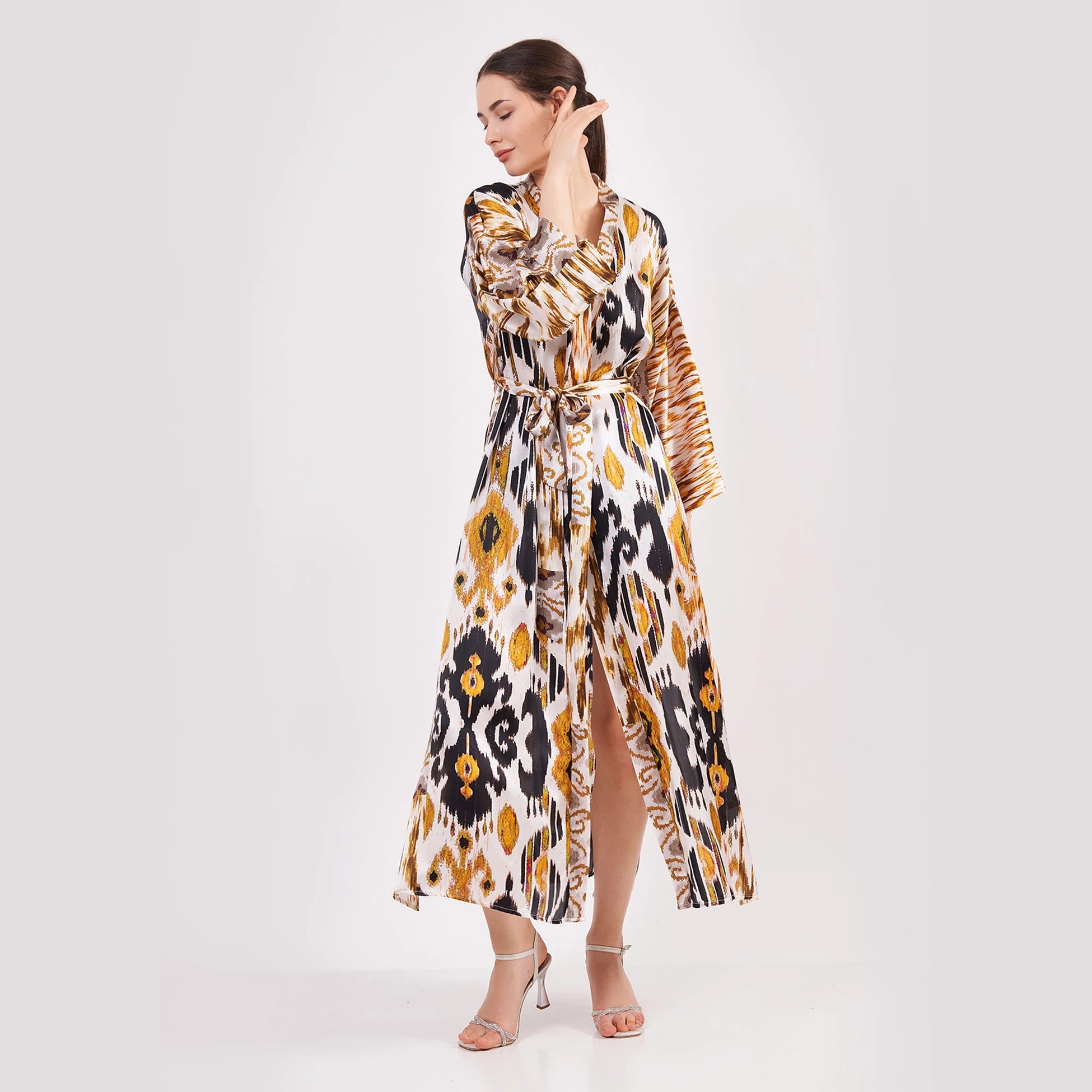 %100 İpek Uzun Kimono Kaftan | Ikat Desen 18 | Nomads Felt
