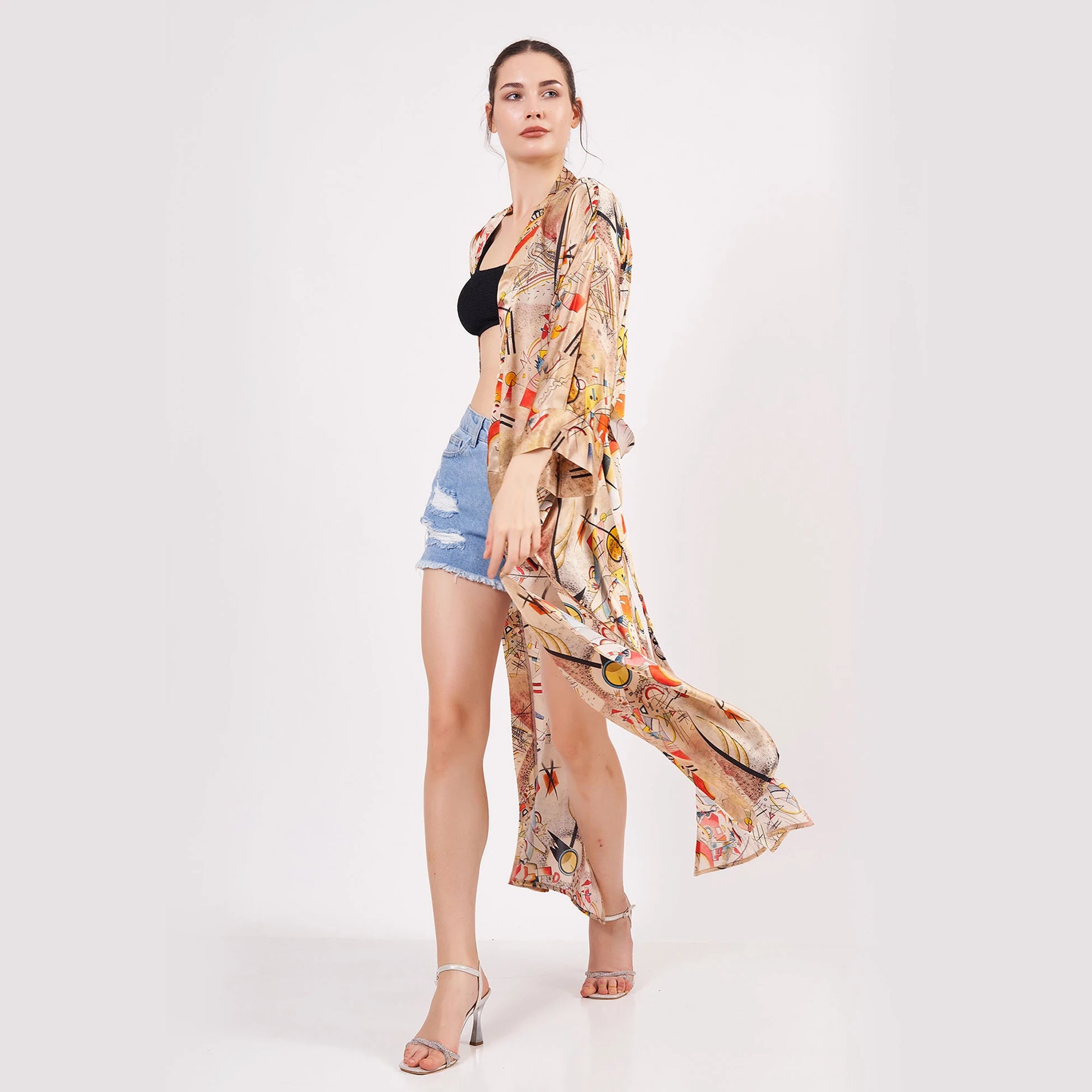 %100 İpek Uzun Kimono Kaftan | Kandinsky Bustling Aquarelle | Nomads Felt