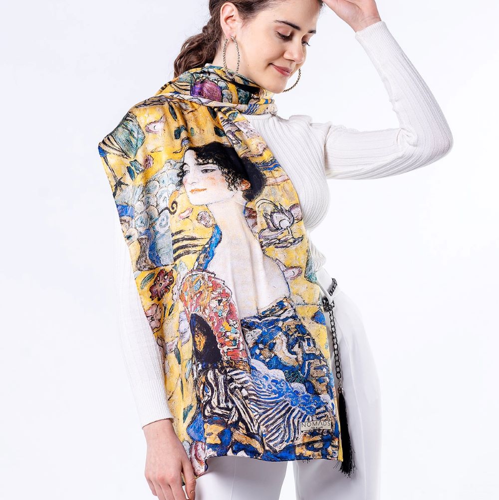 Saf İpek Fular | 55x180 cm | Gustav Klimt Lady with Fan | Nomads Felt