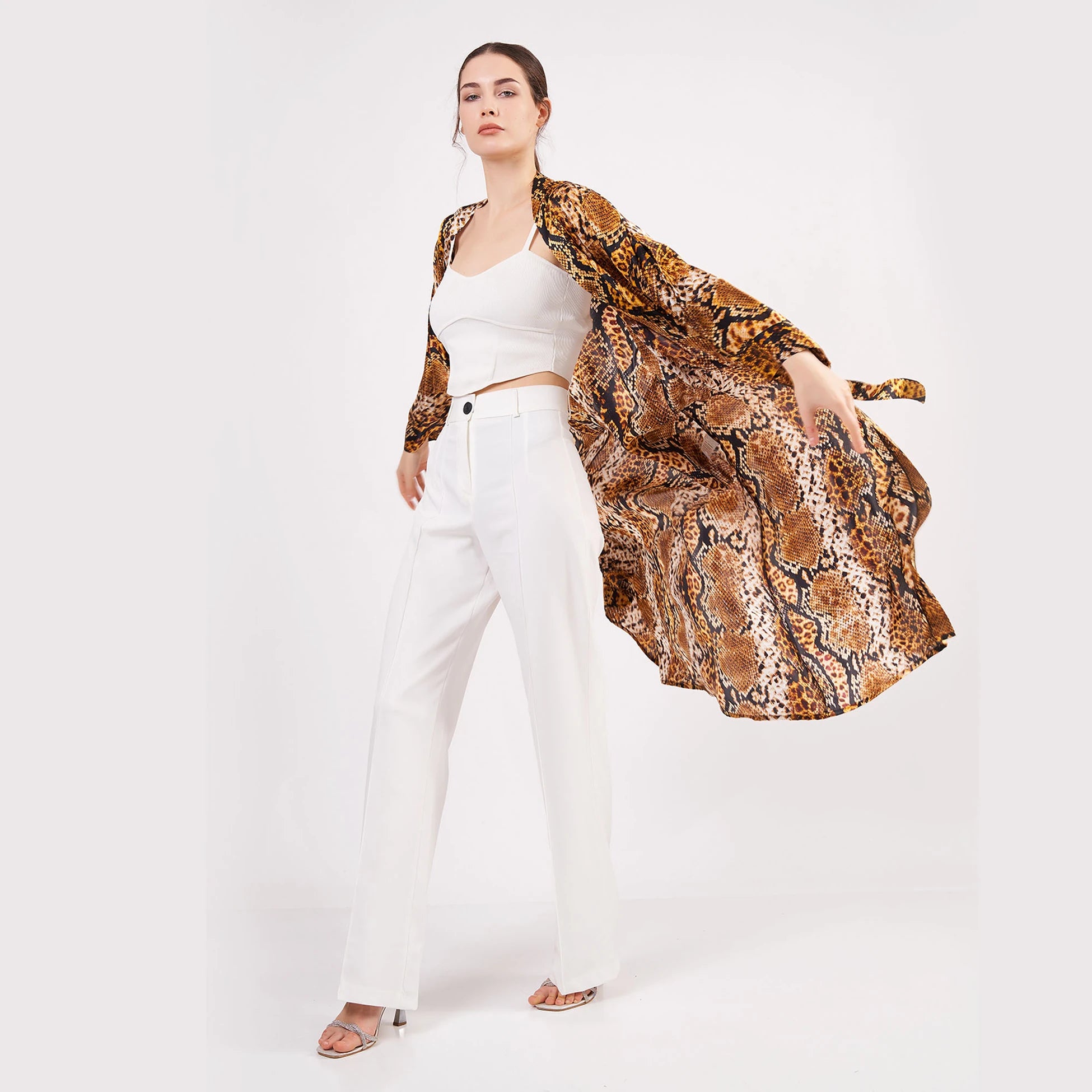%100 İpek Uzun Kimono | Gold-Kahve | Yılan Derisi Desen | Nomads Felt