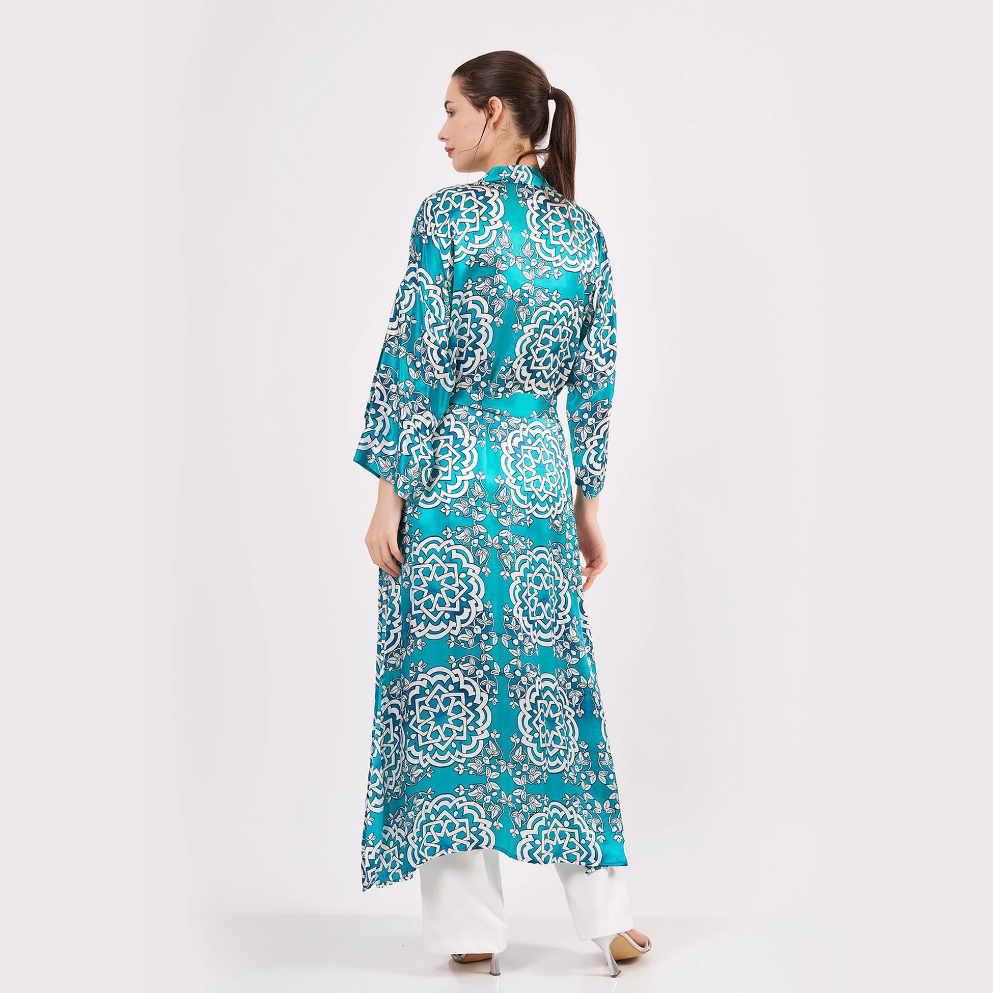 Saf İpek Uzun Kimono Kaftan | Çini Desen Turkuaz | Nomads Felt