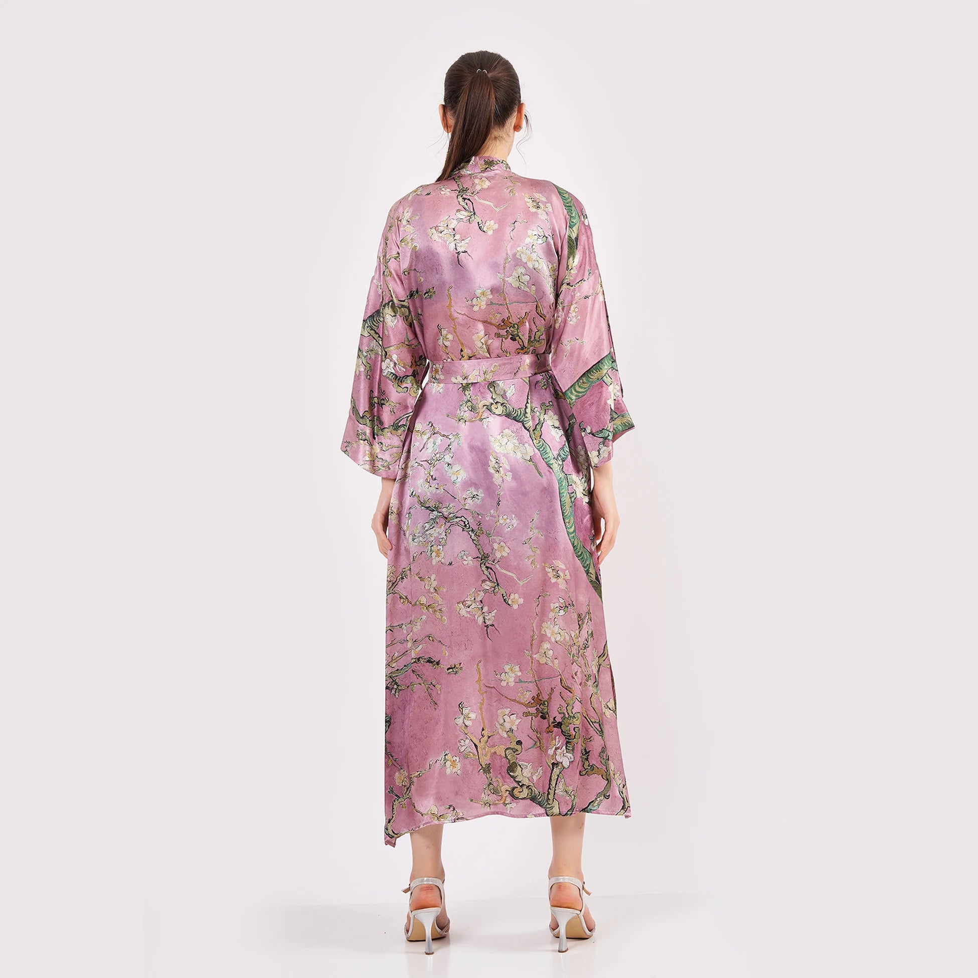 100% İpek Uzun Kimono Kaftan | Pembe | Van Gogh Badem Ağacı | Nomads Felt