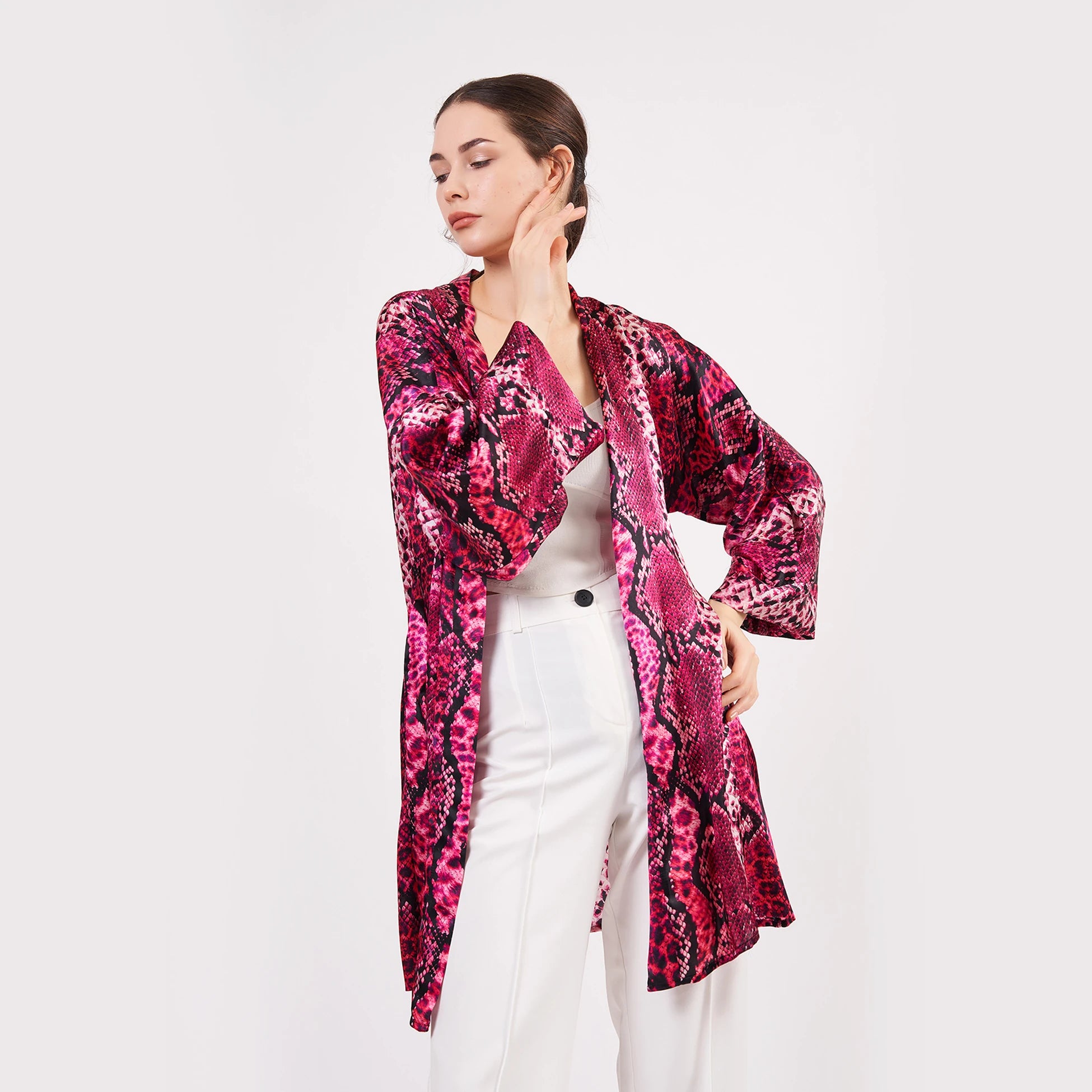 Saf İpek Kısa Kimono Kaftan | Yılan Derisi Desen Fuşya | Nomads Felt