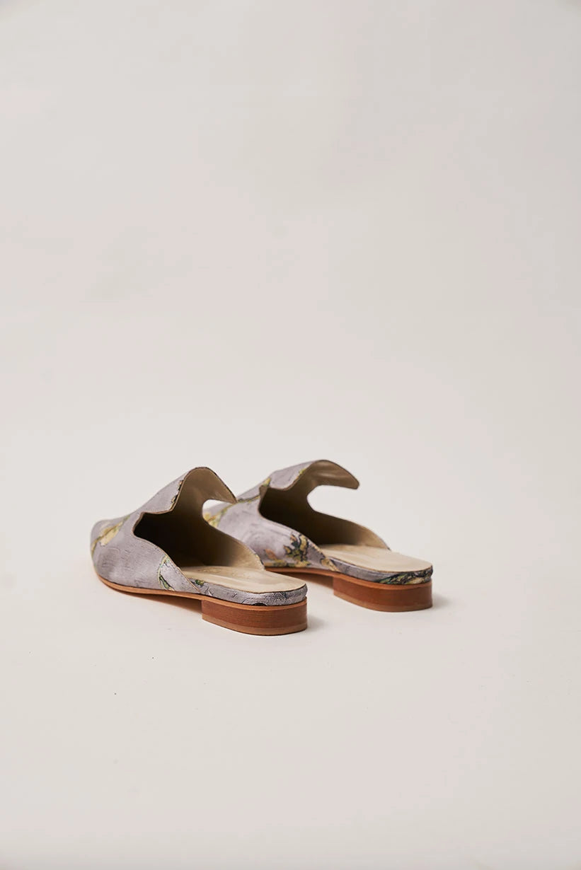 Gri Van Gogh Badem Ağacı Desenli Önü Kapalı %100 İpek Hakiki Deri Kadın Terlik