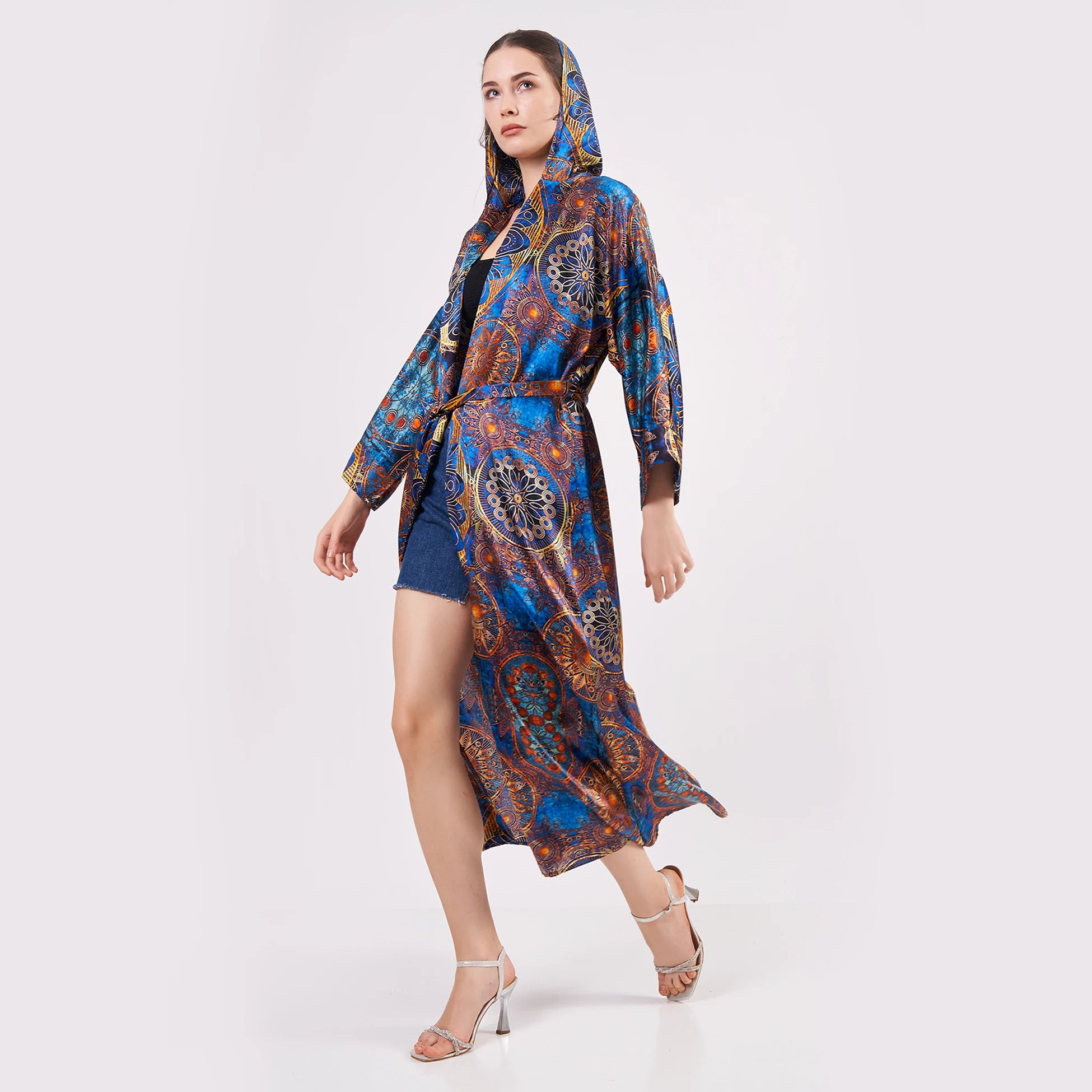 Saf İpek Kapüşonlu Kimono Kaftan | Mandala Desen Mavi | Nomads Felt
