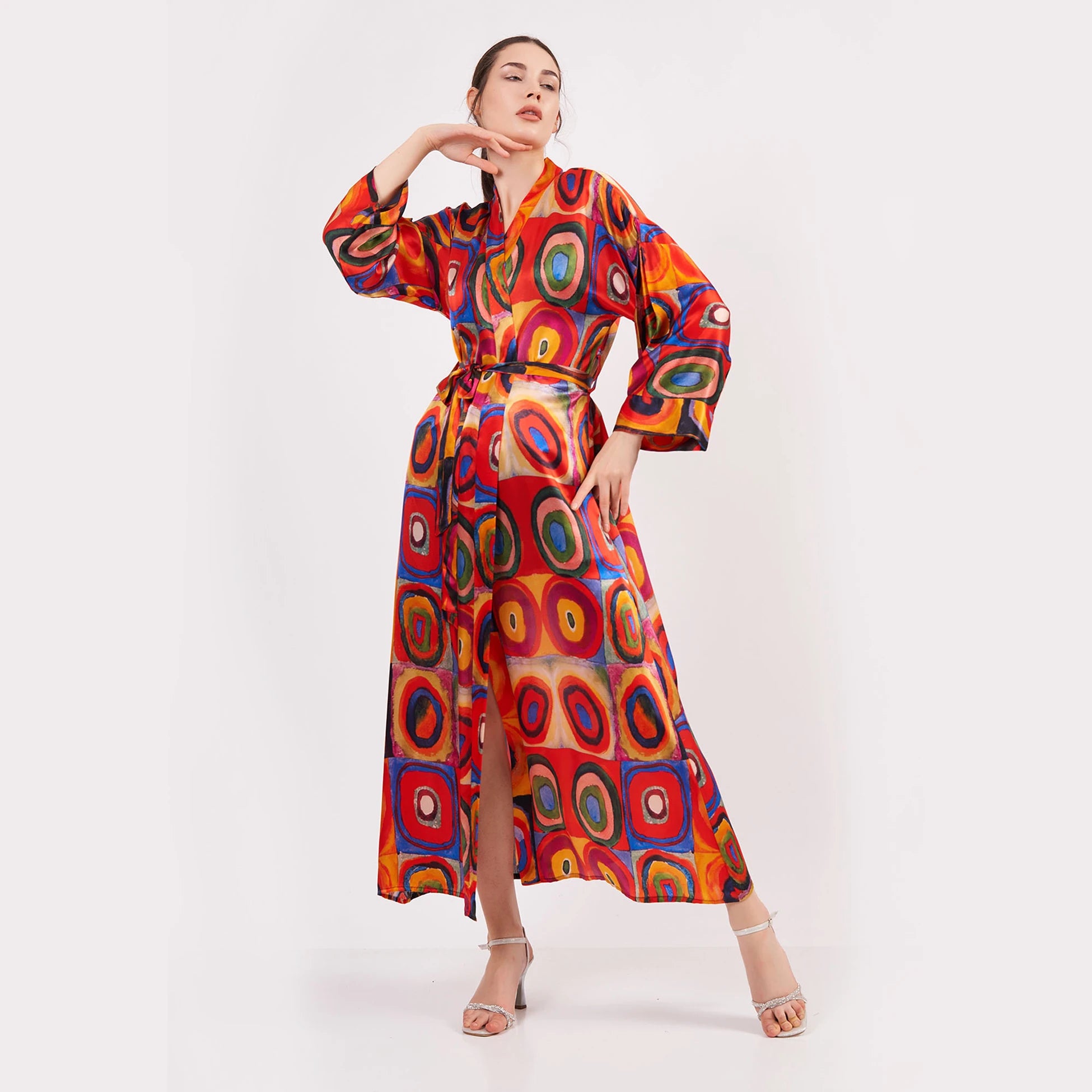 %100 İpek Uzun Kimono Kaftan | Kandinsky Squares with Circles | Nomads Felt