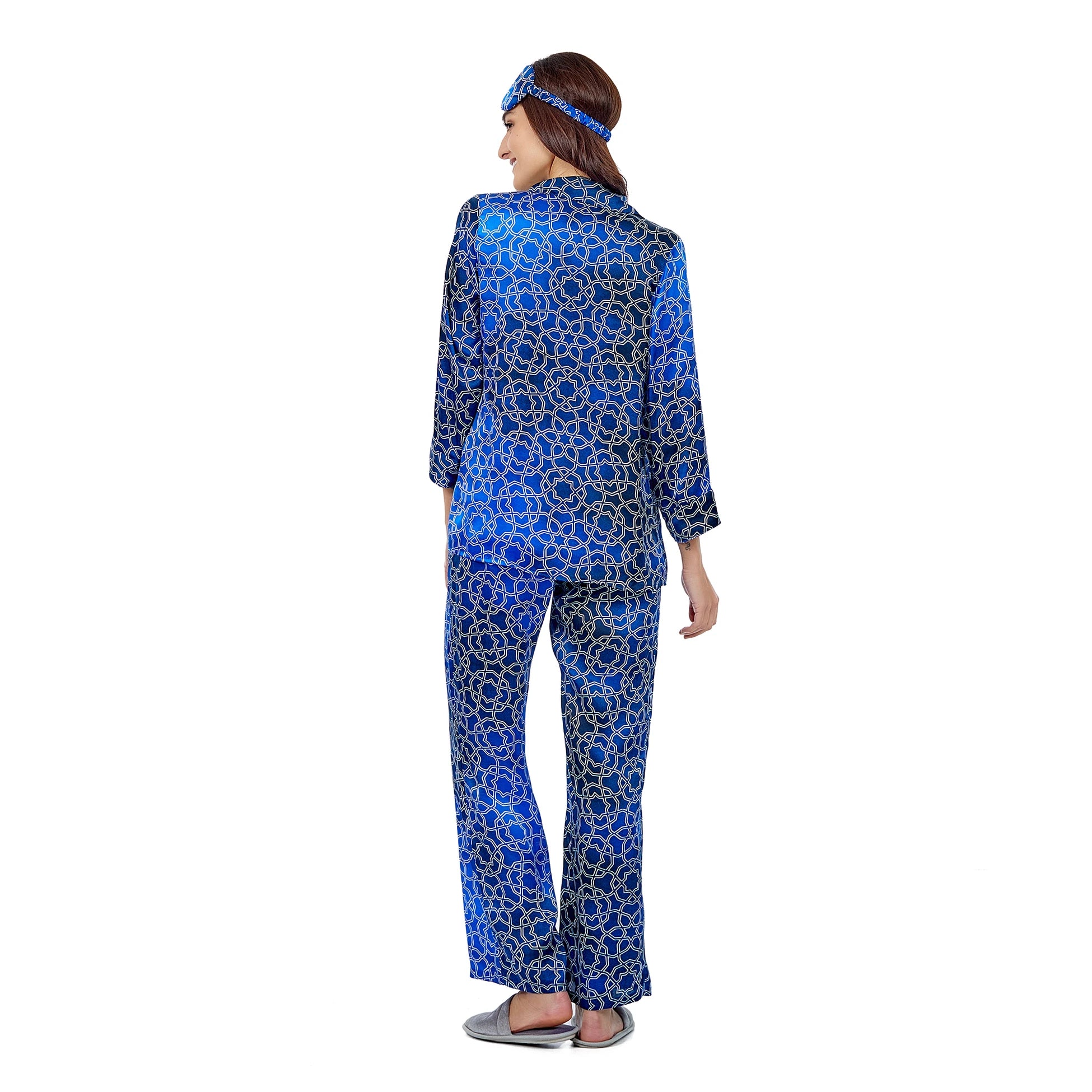 %100 İpek Gömlek-Pantolon / Pijama Takımı | Mavi-Lacivert Desenli | Nomads Felt
