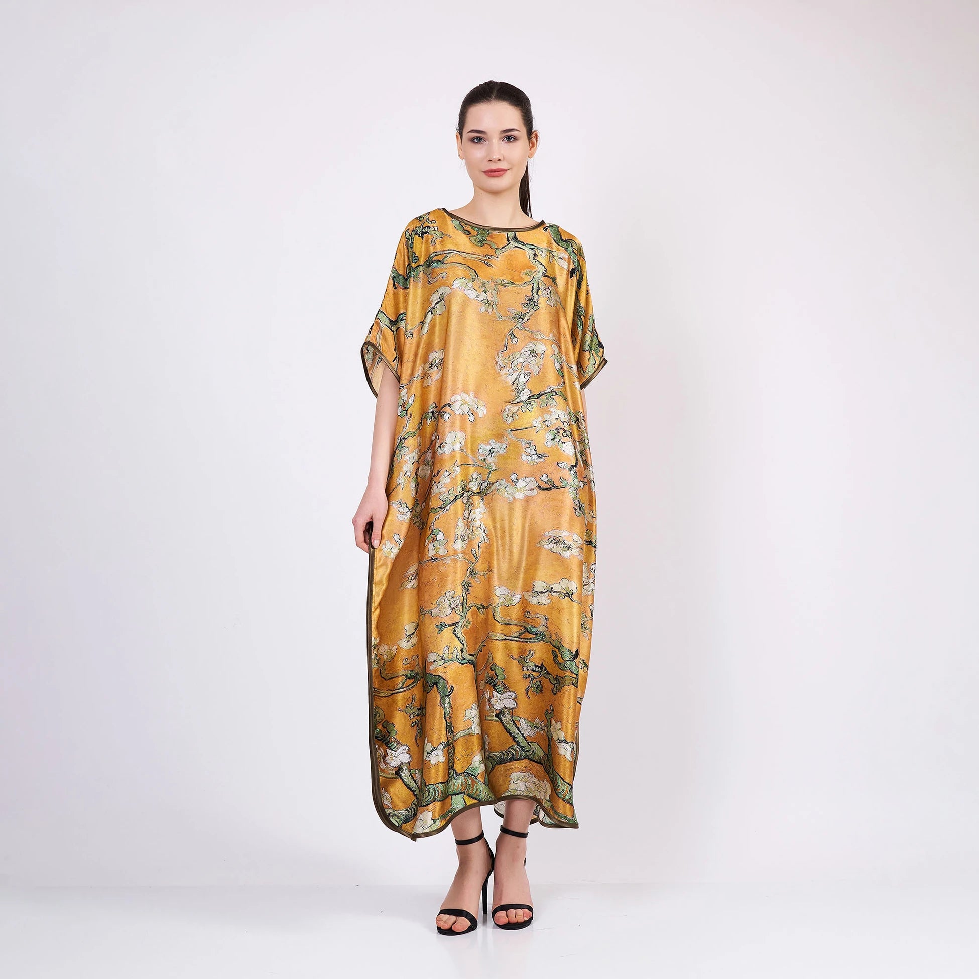 %100 İpek Uzun Elbise | Gold Van Gogh Badem Çiçeği | Nomads Felt