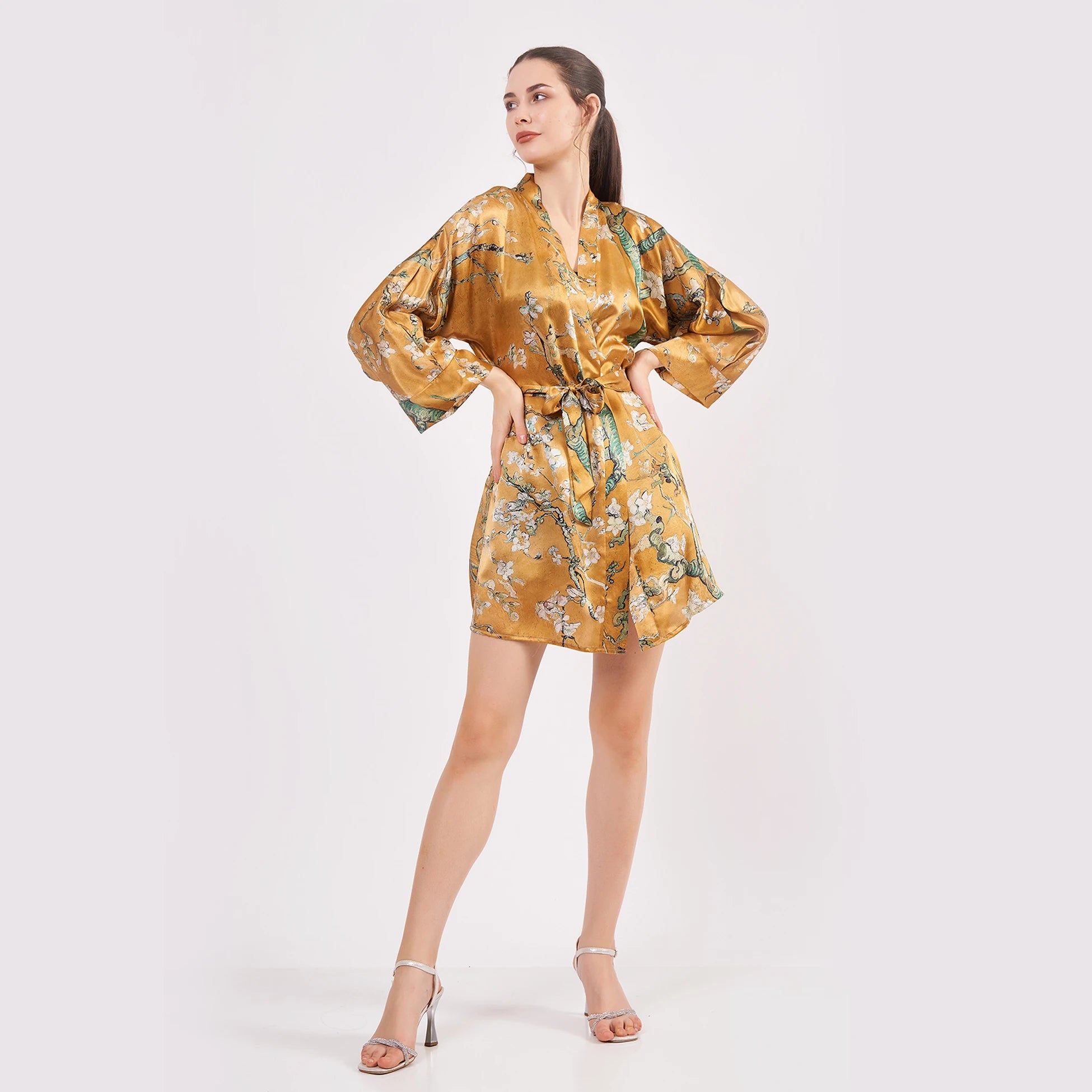 Saf İpek Kısa Kimono Kaftan | Van Gogh Badem Ağacı Gold | Nomads Felt