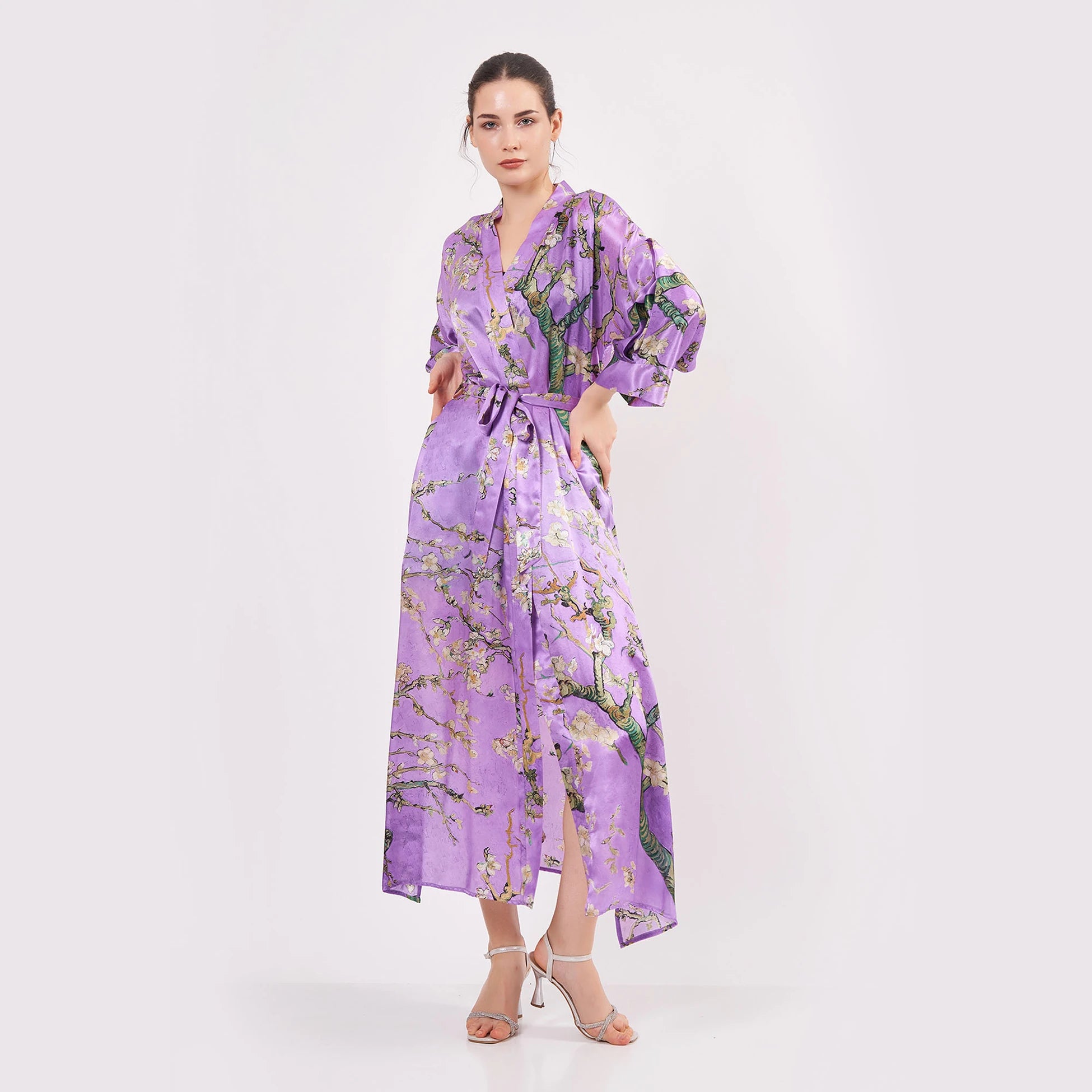 Saf İpek Uzun Kimono Kaftan | Mor Van Gogh Badem Ağacı | Nomads Felt