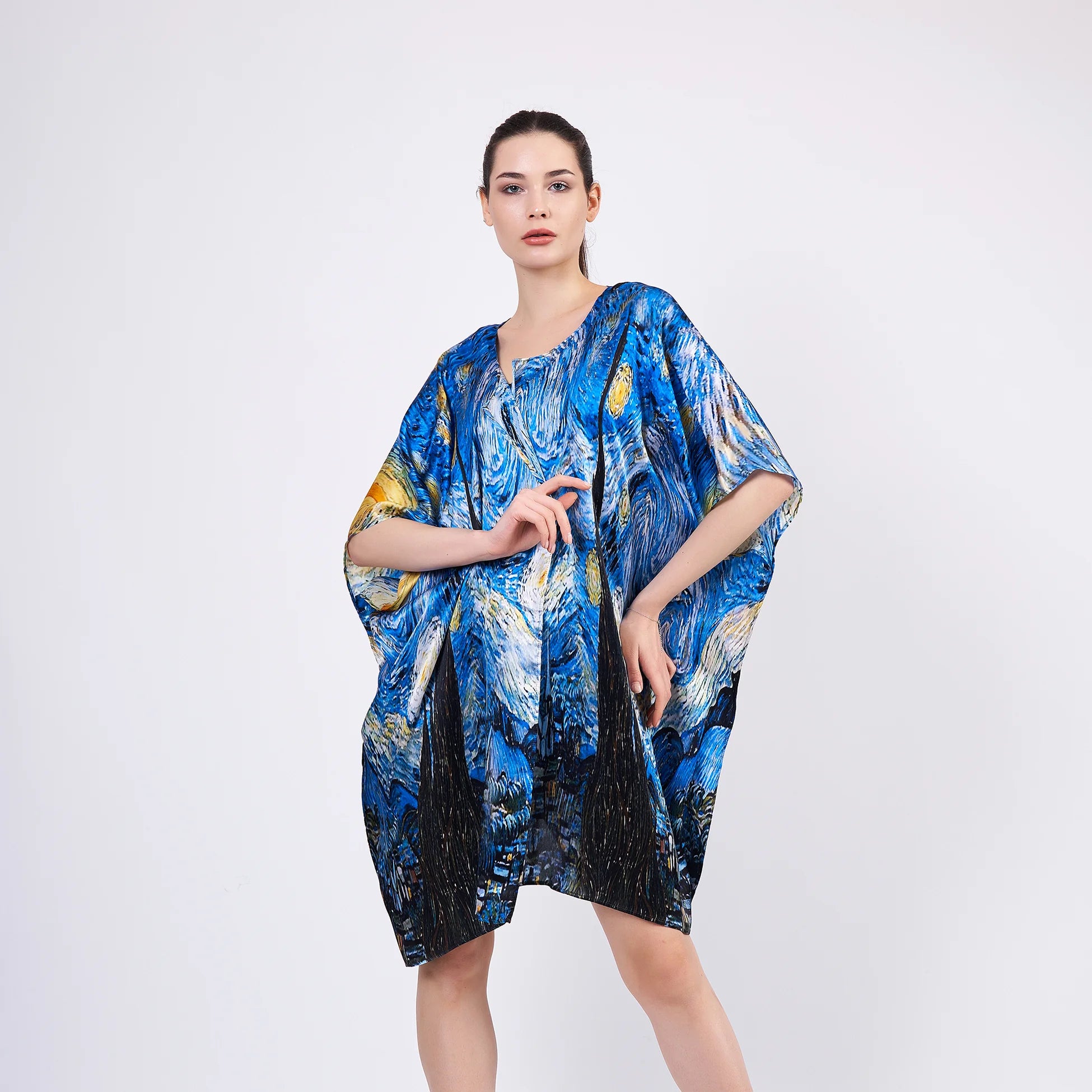 %100 İpek Kısa Kimono Pareo | Van Gogh Yıldızlı Gece | Nomads Felt