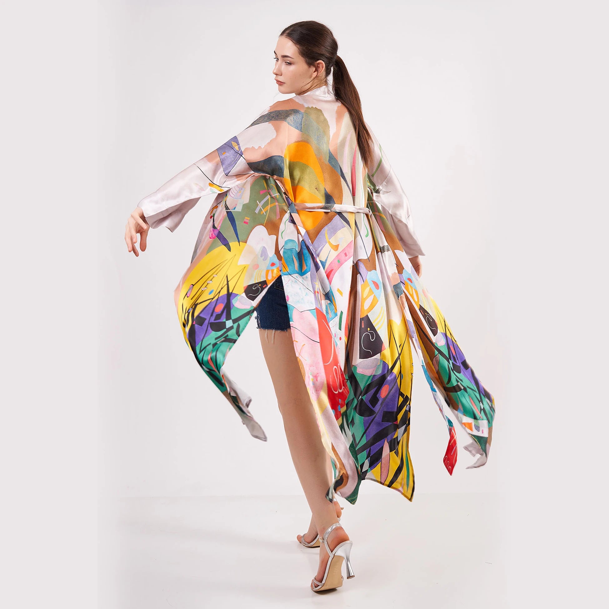 %100 İpek Uzun Kimono Kaftan | Kandinsky Dominant Curve | Nomads Felt