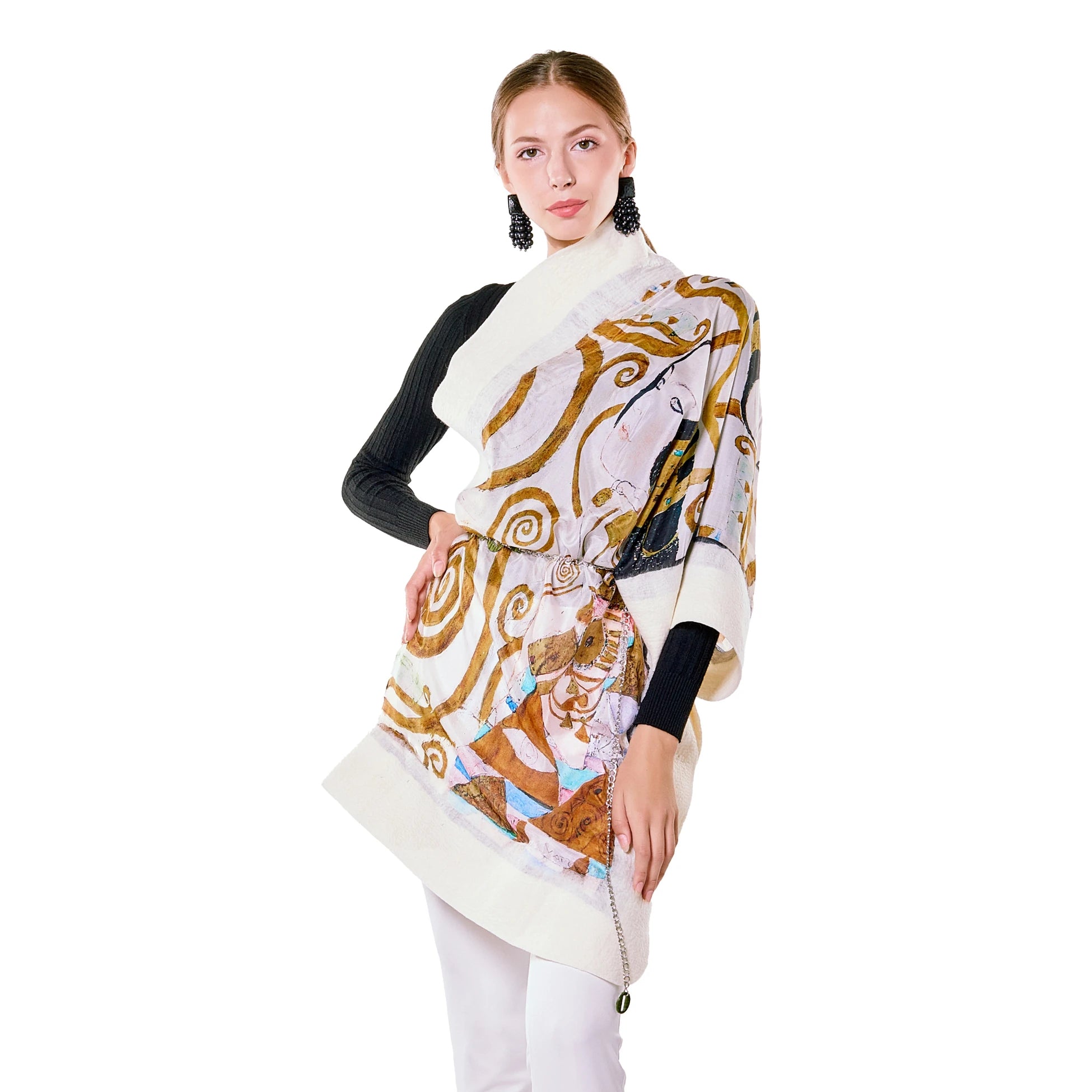 Kadın İpek-Keçe Beyaz Şal Gustav Klimt Expectation