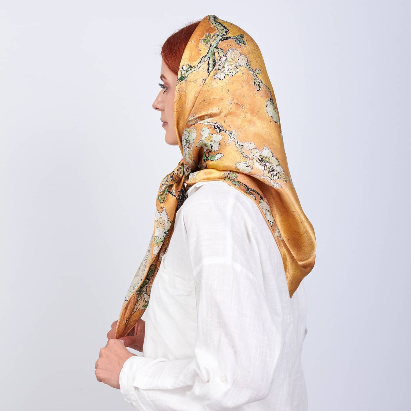 Gold Van Gogh Badem Ağacı İpek Fular Eşarp 90 cm