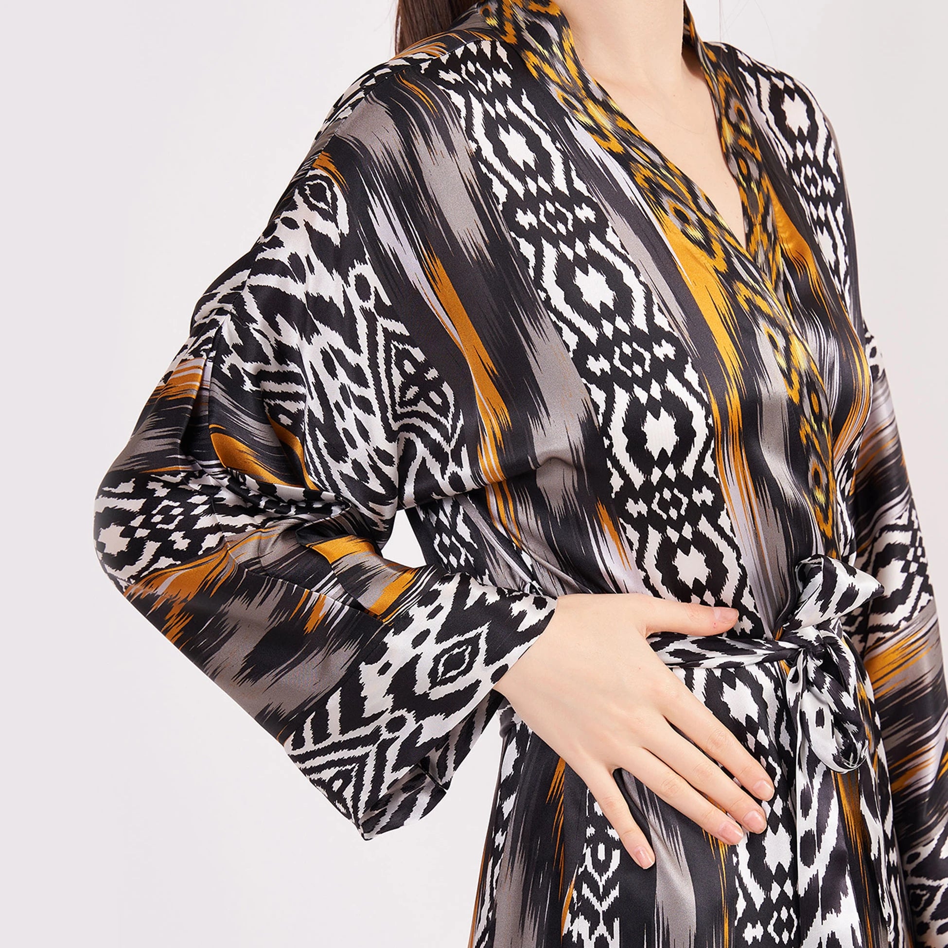 Saf İpek Uzun Kimono Kaftan | Ikat Desen 14 | Nomads Felt