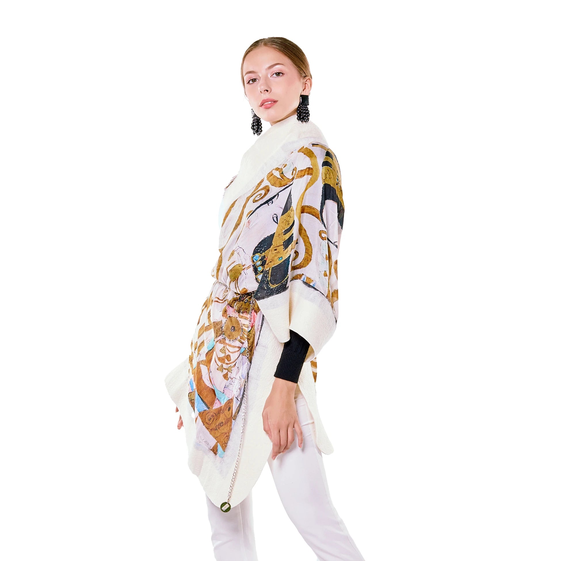 Kadın İpek-Keçe Beyaz Şal Gustav Klimt Expectation