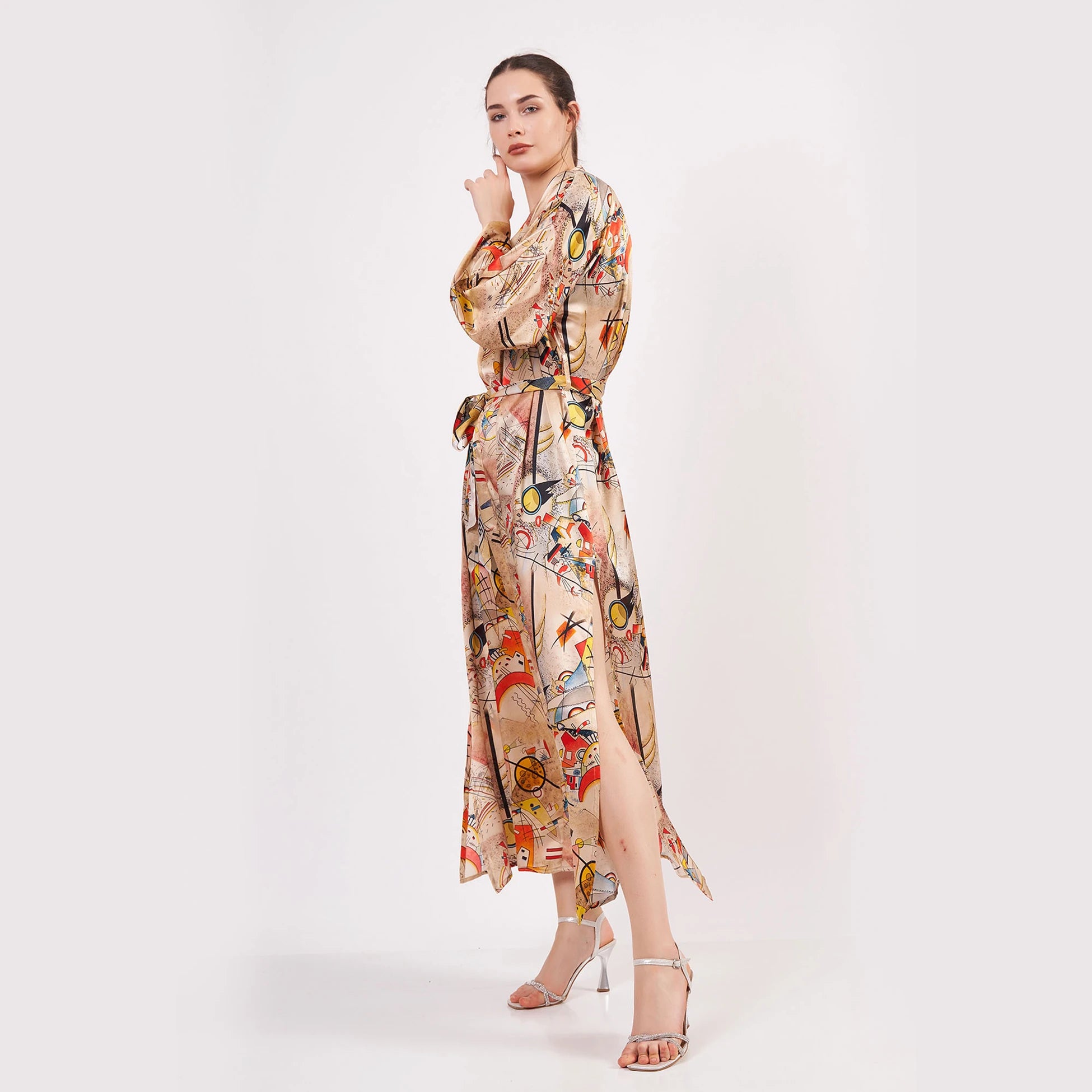 %100 İpek Uzun Kimono Kaftan | Kandinsky Bustling Aquarelle | Nomads Felt