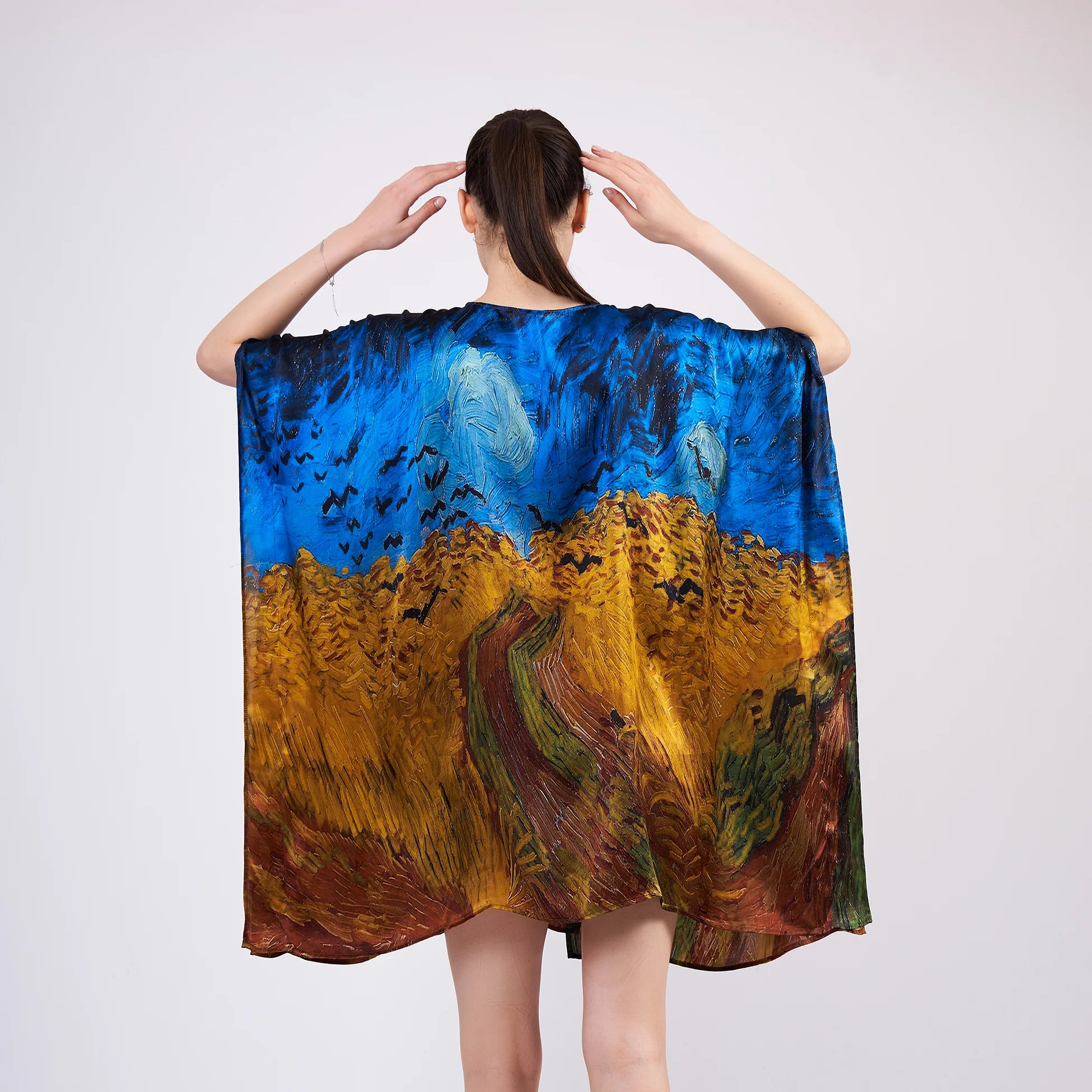 %100 İpek Kısa Kimono Pareo | Van Gogh Wheatfield with Crows | Nomads Felt