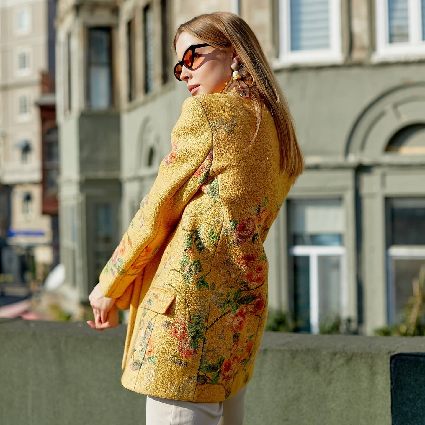 İpek-Yün Haute Couture Ceket | Sarı Çiçek Desen | Nomads Felt