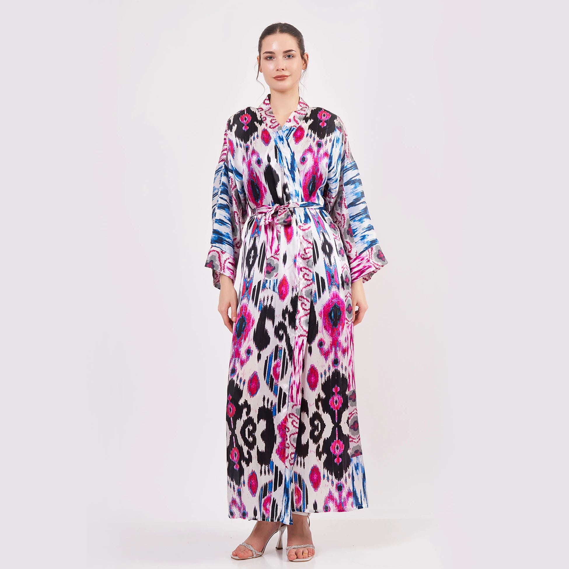 Saf İpek Uzun Kimono Kaftan | Ikat Desen 15 | Nomads Felt