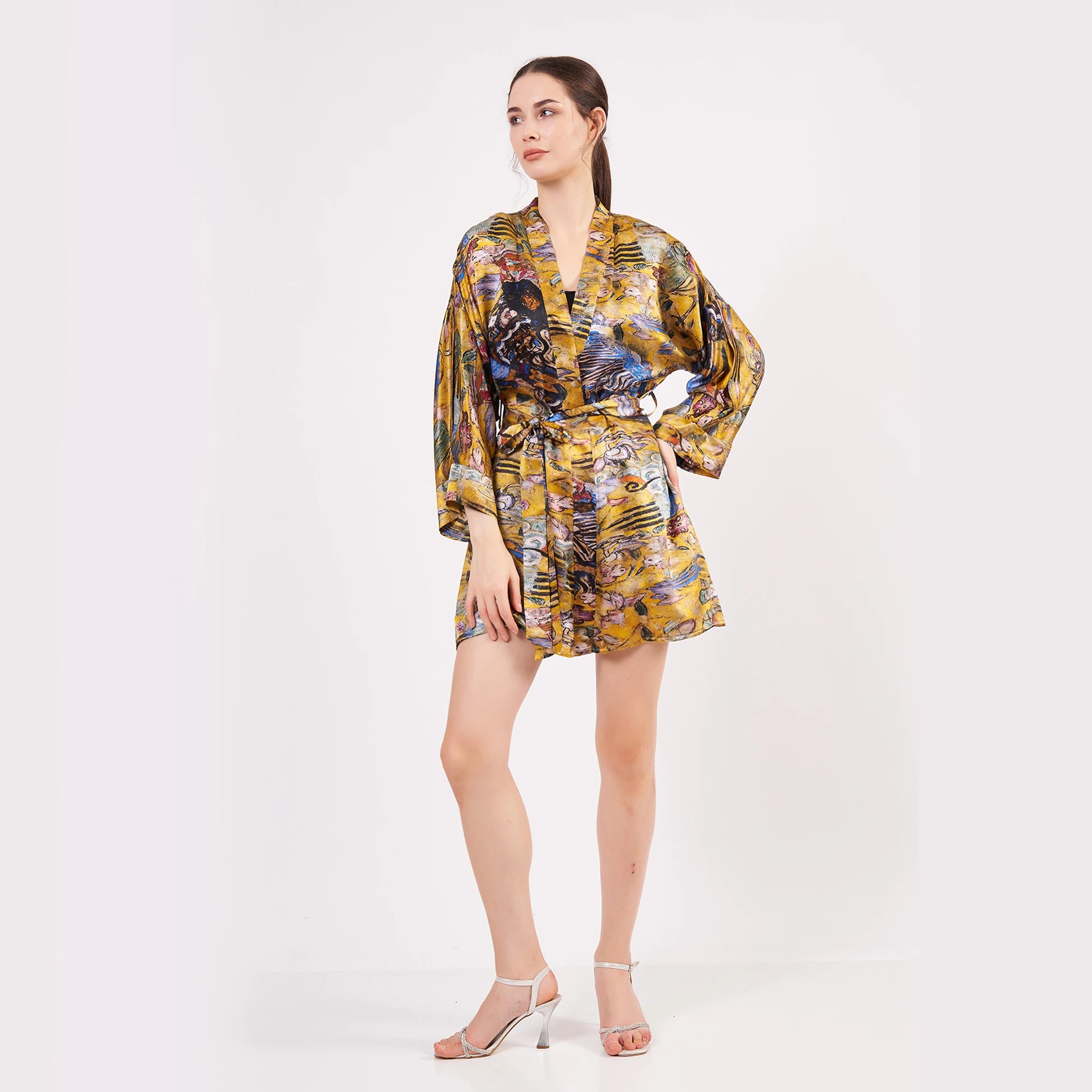 Saf İpek Kısa Kimono Kaftan | Gold Desenli | Nomads Felt