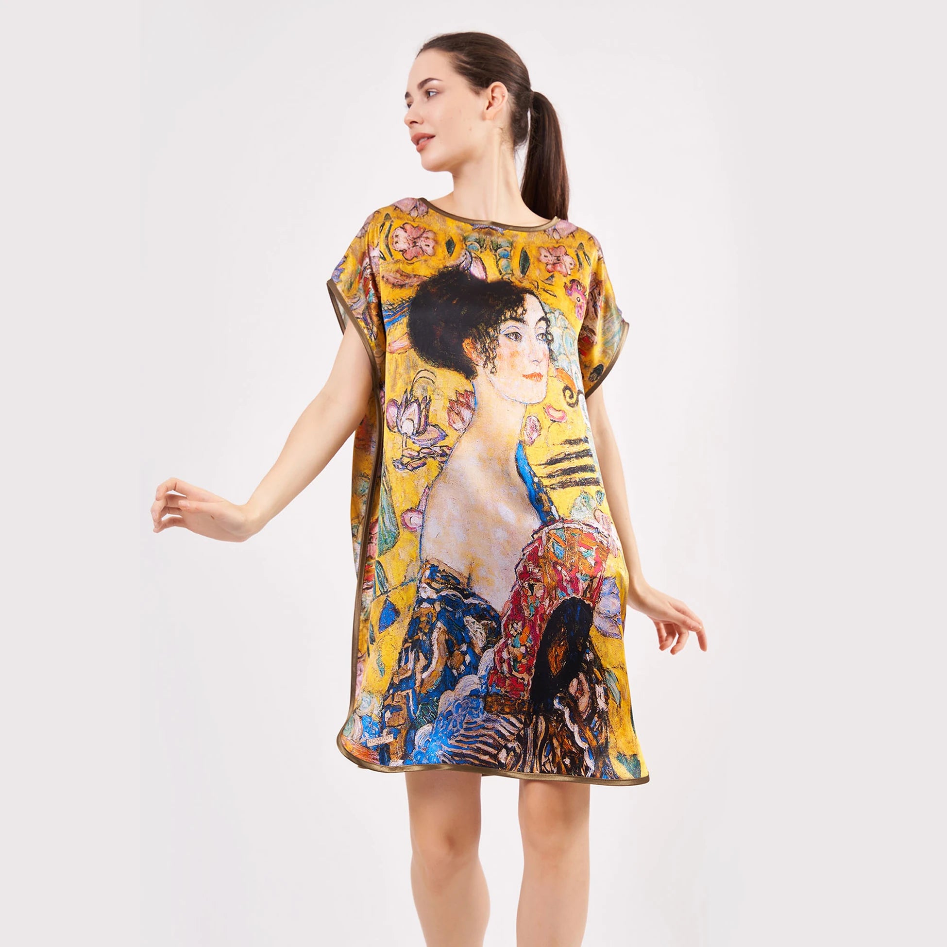 %100 İpek Kısa Elbise | Gustav Klimt Lady with Fan | Nomads Felt