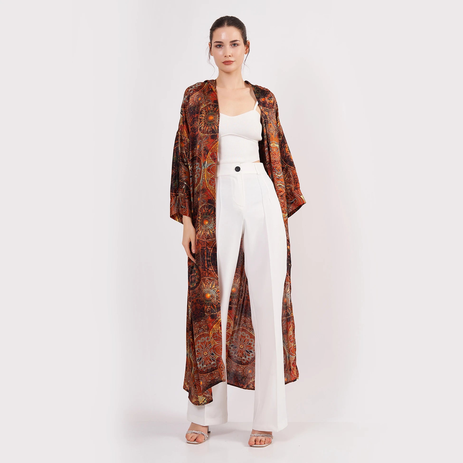 İpek Kapüşonlu Kimono Kaftan | Mandala Desen Kahverengi | Nomads Felt
