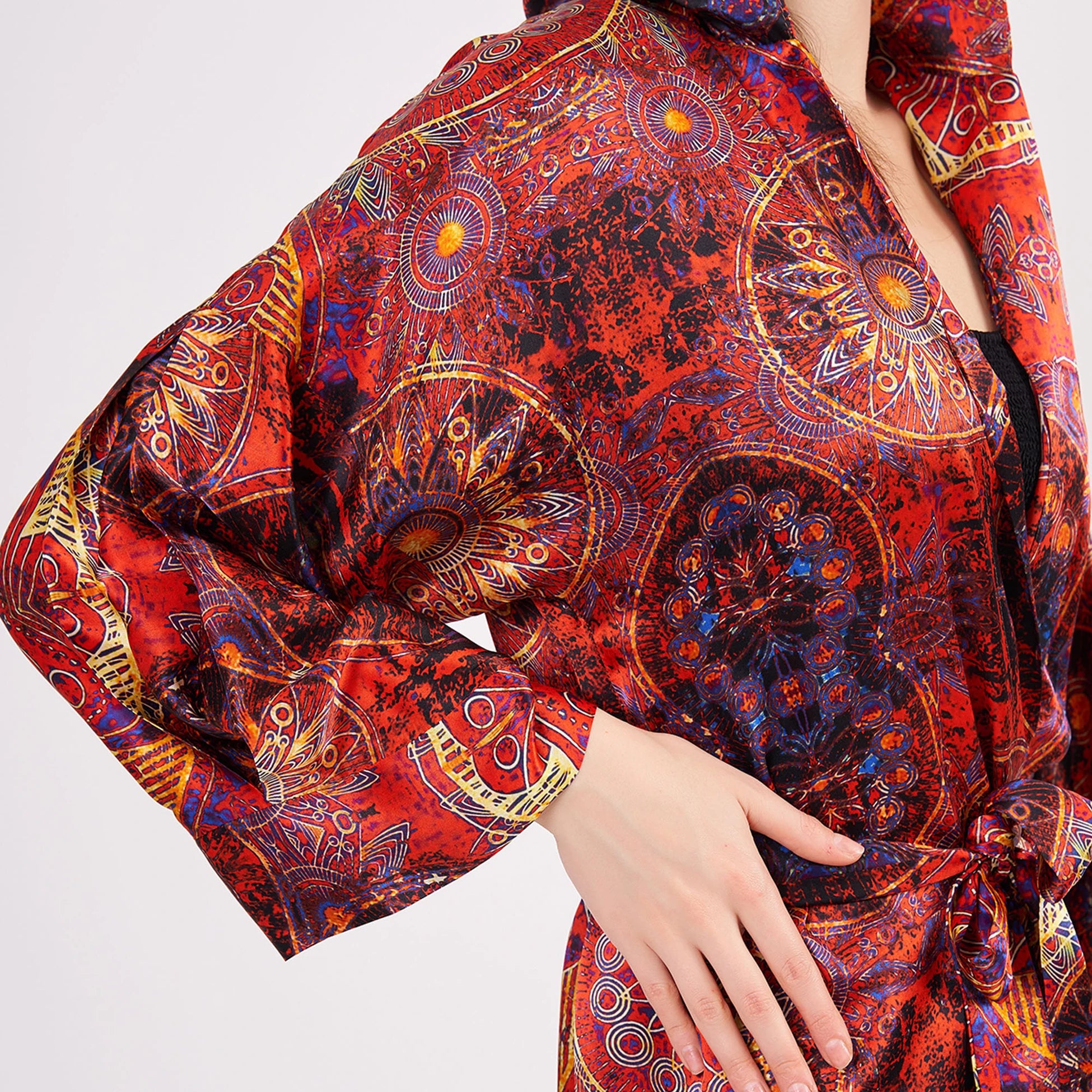 %100 İpek Kimono Kaftan | Kırmızı Mandala Desen | Nomads Felt