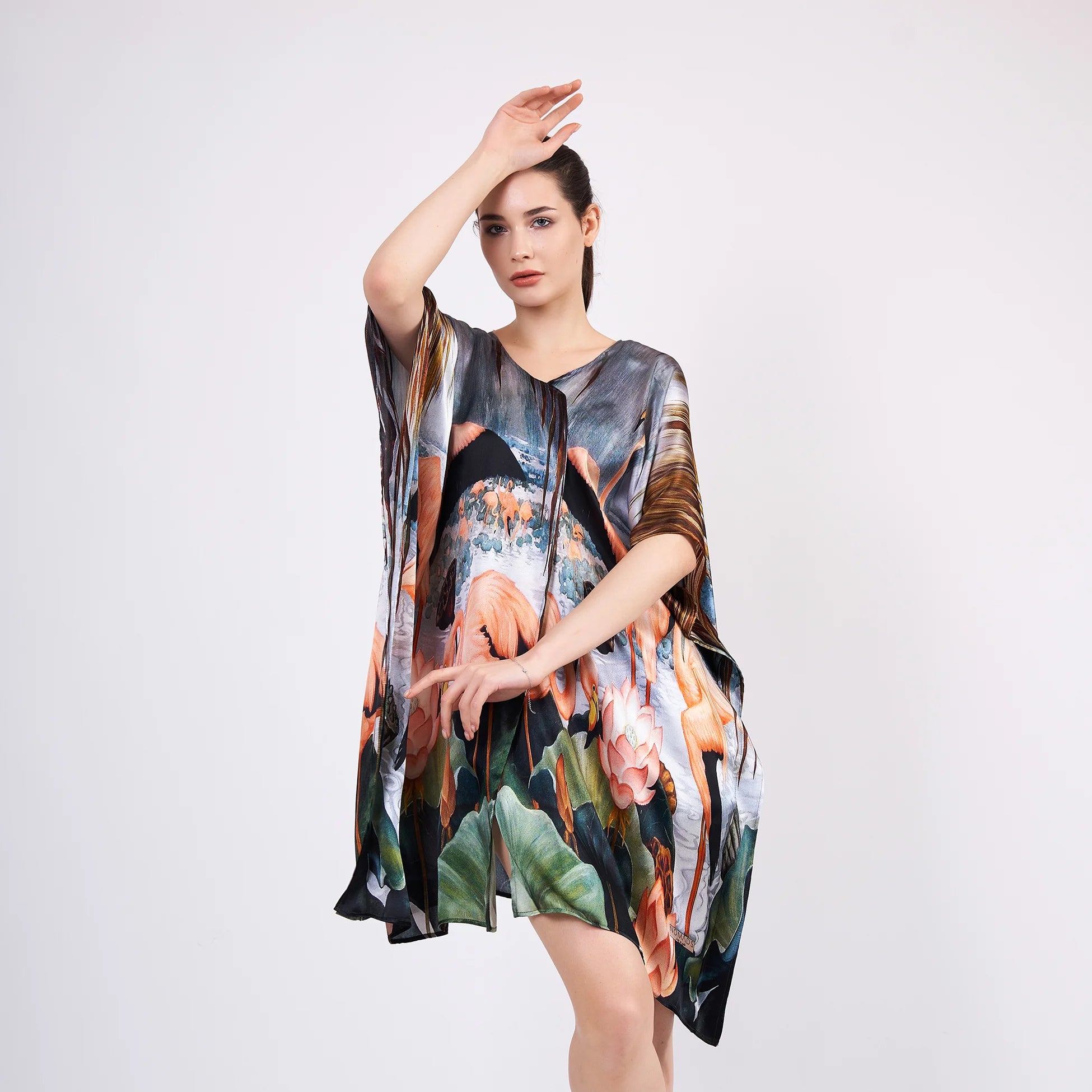 %100 İpek Kısa Kimono Pareo | Flamingo Desen | Nomads Felt