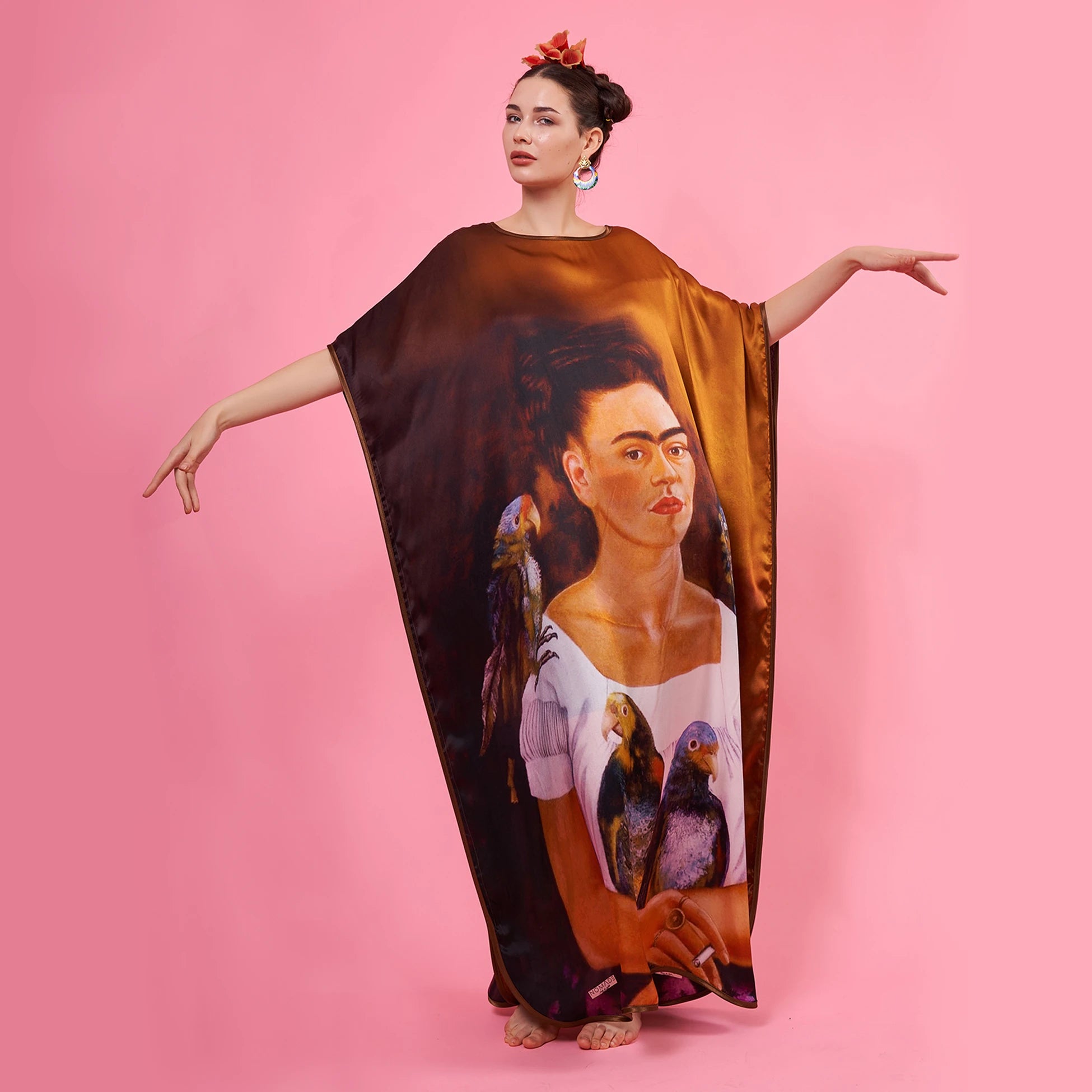 Kahverengi Bronz Frida Kahlo İpek Elbise